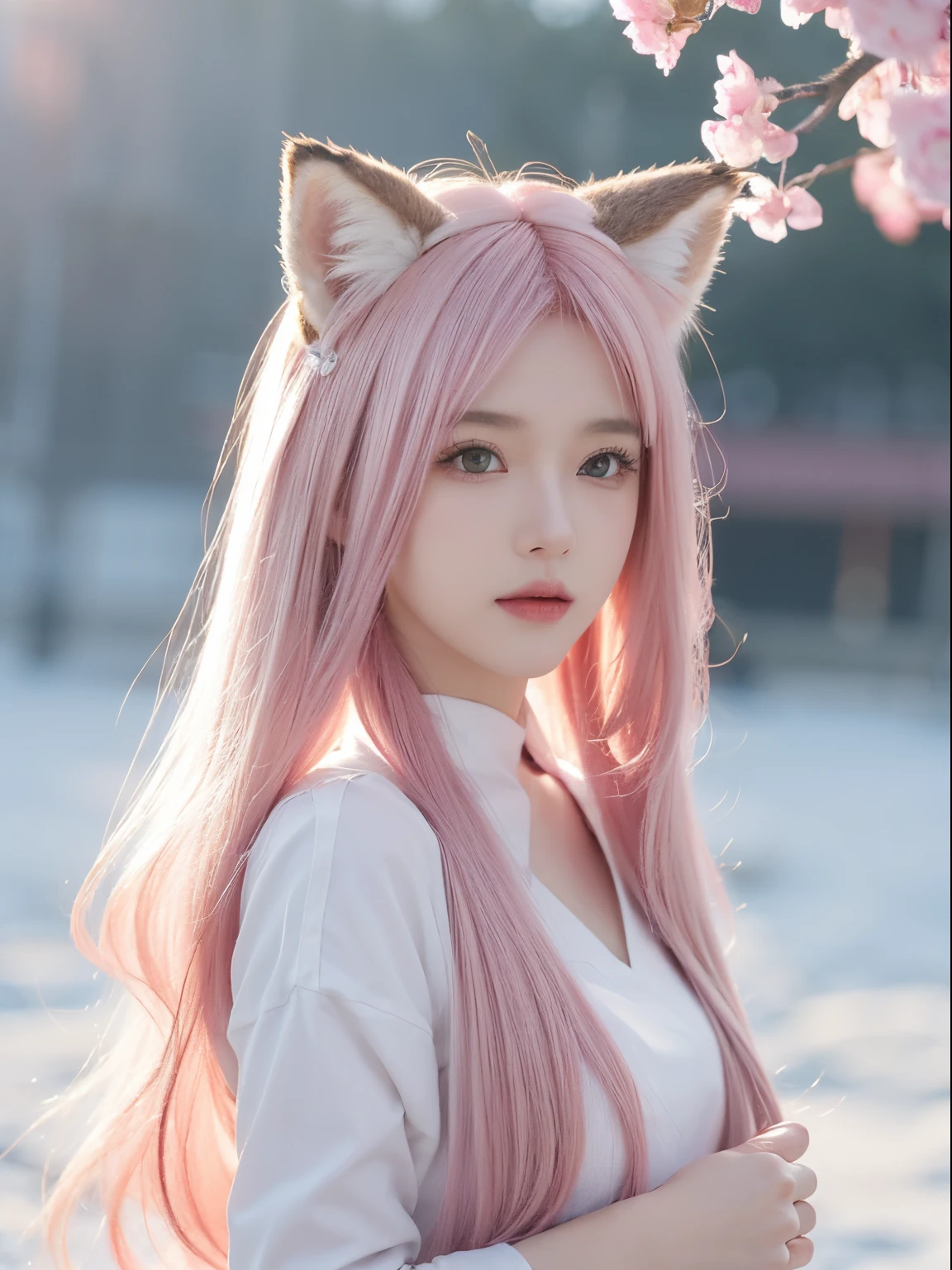 Nine snow-white fox tails (1.0), Milky white fox tail (1.0), Close-up of the nine-tailed fox, Nine tails, Nine tails, animemanga girl,A pink-haired,pinkdress,There are flowers on the hair, Very beautiful anime fox girl, Beautiful anime fox girl, Beautiful fantasy anime, guweiz, Anime girl with fox ears, Beautiful anime girls, Very beautiful and cute fox girl, pink flower rain, The background blurred out, Anime style 4k, Anime fantasy artwork, 4k anime wallpapers, Gouves style artwork