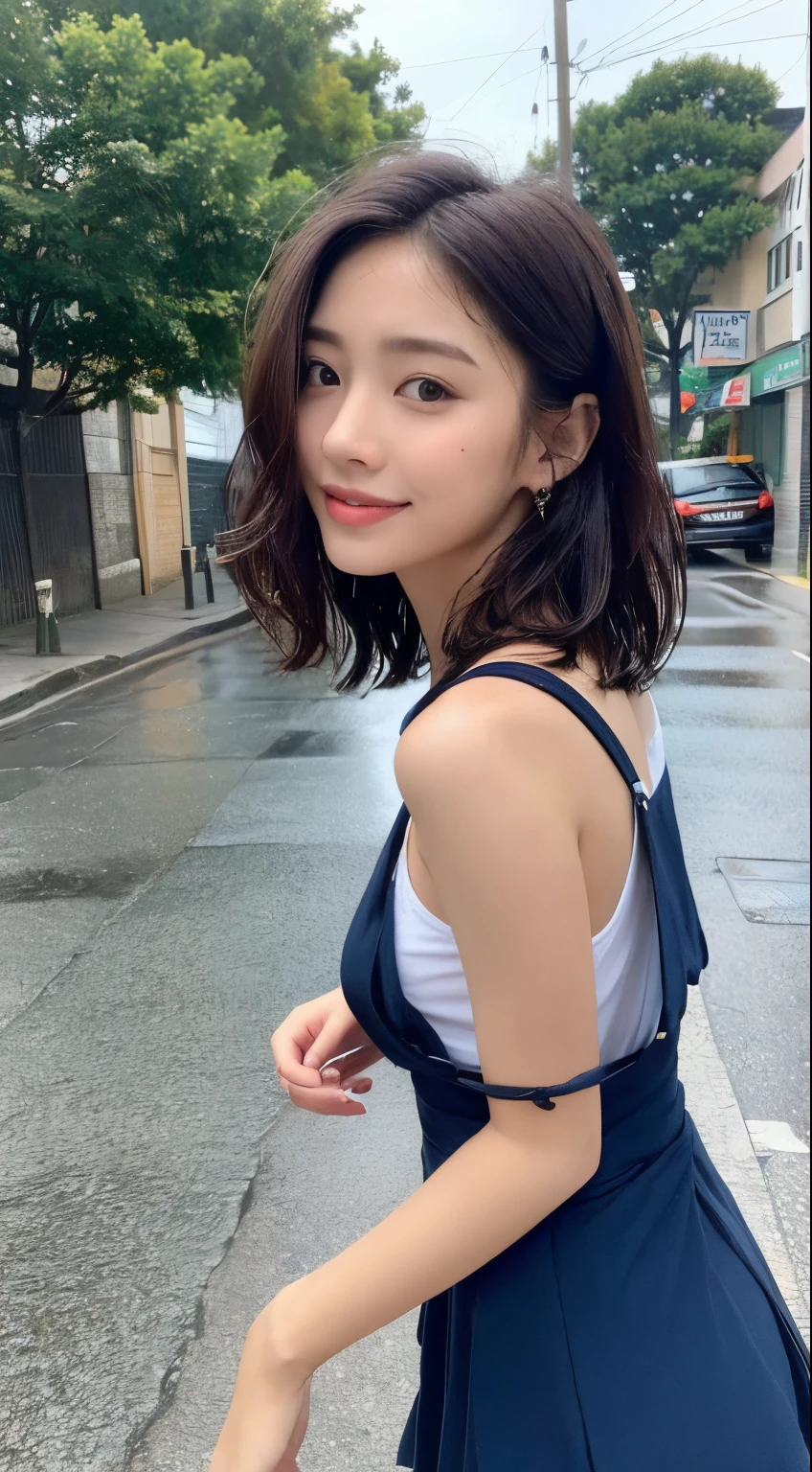 ((Top Quality, 8K, Masterpiece: 1.3)), Focus: 1.2, Perfect Body Beauty: 1.4, Ass: 1.2, ((Layered Haircut, Chest: 1.2)), (Wet Clothes: 1.1), (Rain, Street: 1.3), Bando Dress: 1.1, Highly Detailed Face and Skin Texture, Narrow Eyes, Double Eyelids, Whitening Skin, Long Hair, (Shut Up: 1.3), Smile, From Below