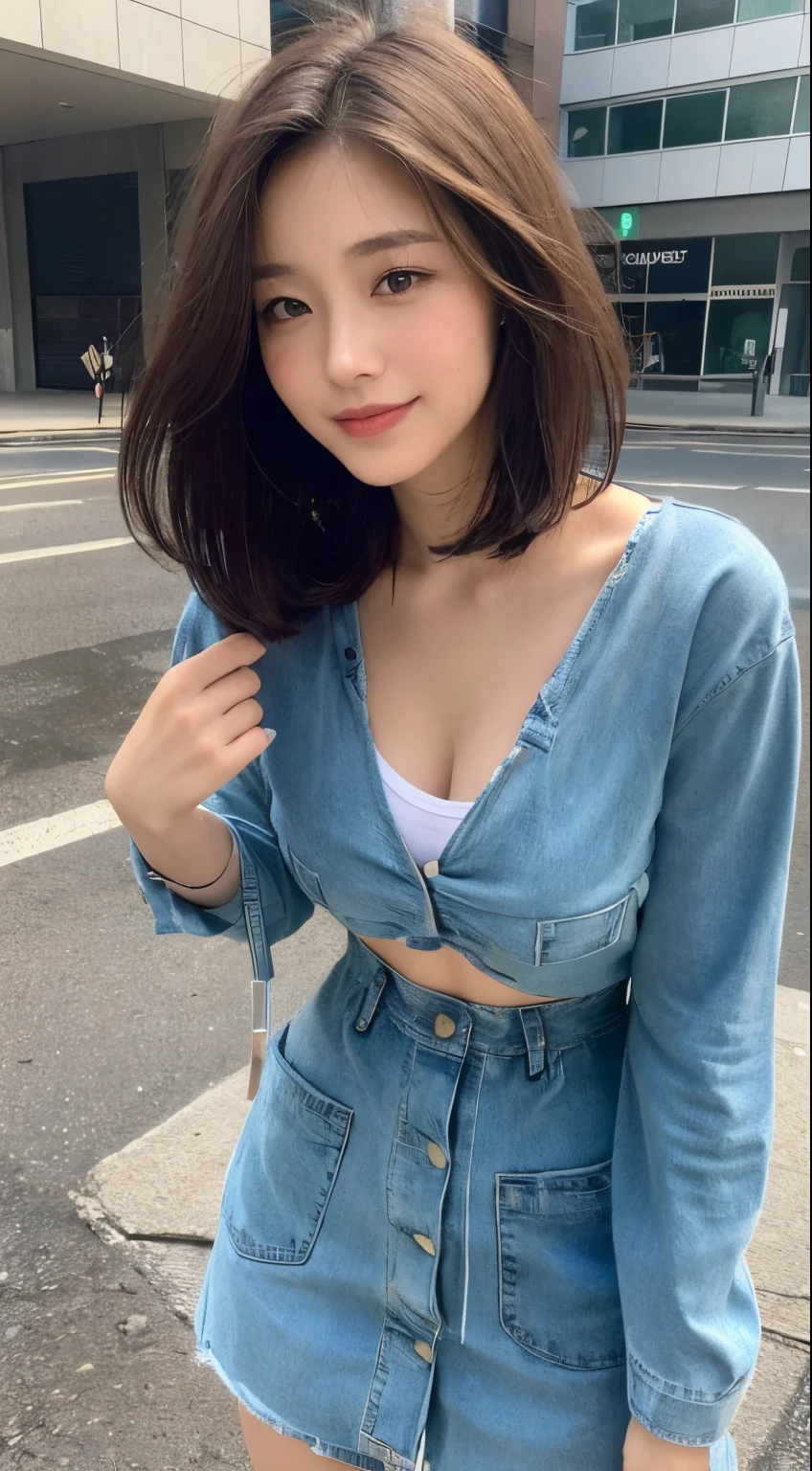 ((Top Quality, 8K, Masterpiece: 1.3)), Focus: 1.2, Perfect Body Beauty: 1.4, Ass: 1.2, ((Layered Haircut, Chest: 1.2)), (Wet Clothes: 1.1), (Rain, Street: 1.3), Bando Dress: 1.1, Highly Detailed Face and Skin Texture, Narrow Eyes, Double Eyelids, Whitening Skin, Long Hair, (Shut Up: 1.3), Smile, From Below