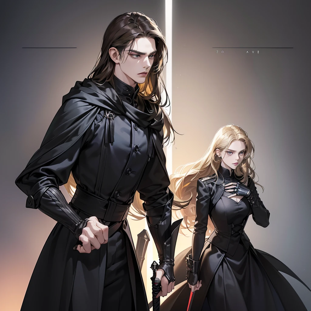 erson, 1 woman and 2 man ( woman in the left ( 20 years old, blonde hair, long hair, 165 cm tall, average boobs, wearing black suit with black skirt, hooding gun, futuristic, serious expression), 1 man in the midle ( 20 years old, black hair, long hair tied, handsome, 170cm tall, fit body, gloomy face, wearing black suit, holding sword in front of him, futuristic, wearing rings), 1 man on the right ( 25 years old, brown hair, 175cm tall, funny face, wearing black suit, wearing gauntlet, futuristic), haunted house background, minimalize lighting, 8k, masterpiece, best quality, realistic animation