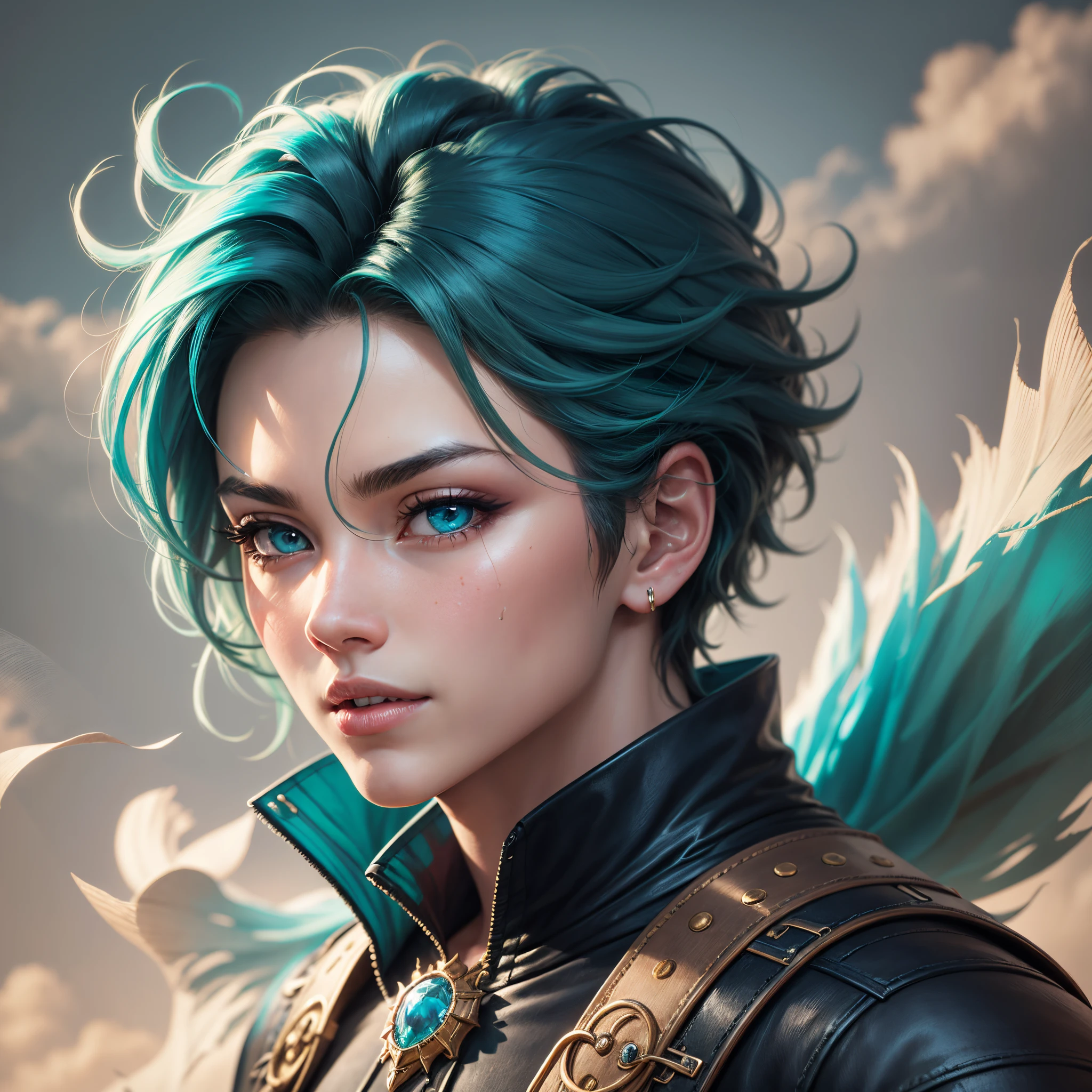 Masterpiece, best quality, super-detailed, very fine 4Ksuper fine illustration,ultra-detailed face, 1 male, youthfulness, vibrancy, cinematic, looking at battlefield, java blue hair, Bright Turquoise pupil eyes, Tangaroa dress, Blue Charcoal shirt, round eyes, clear smile, Korean face, black sword, brandished his sword, wind elemen, at the battlefield, dragon wind in background, \"monster tamer, protector of \" --auto --s2