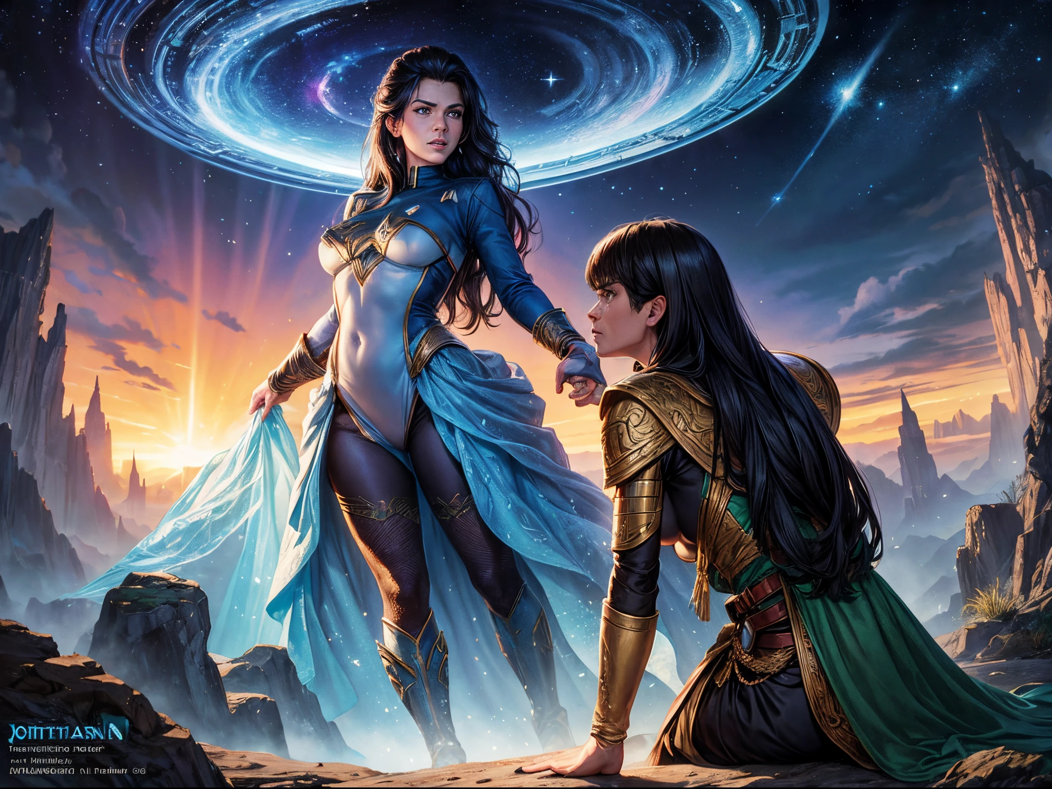 Transform the "Star Trek: The Original Series" universe into a high-fantasy realm, complete with mythical creatures, enchanted forests, and epic quests. Look to fantasy artists like John Howe or Alan Lee. enormous tits