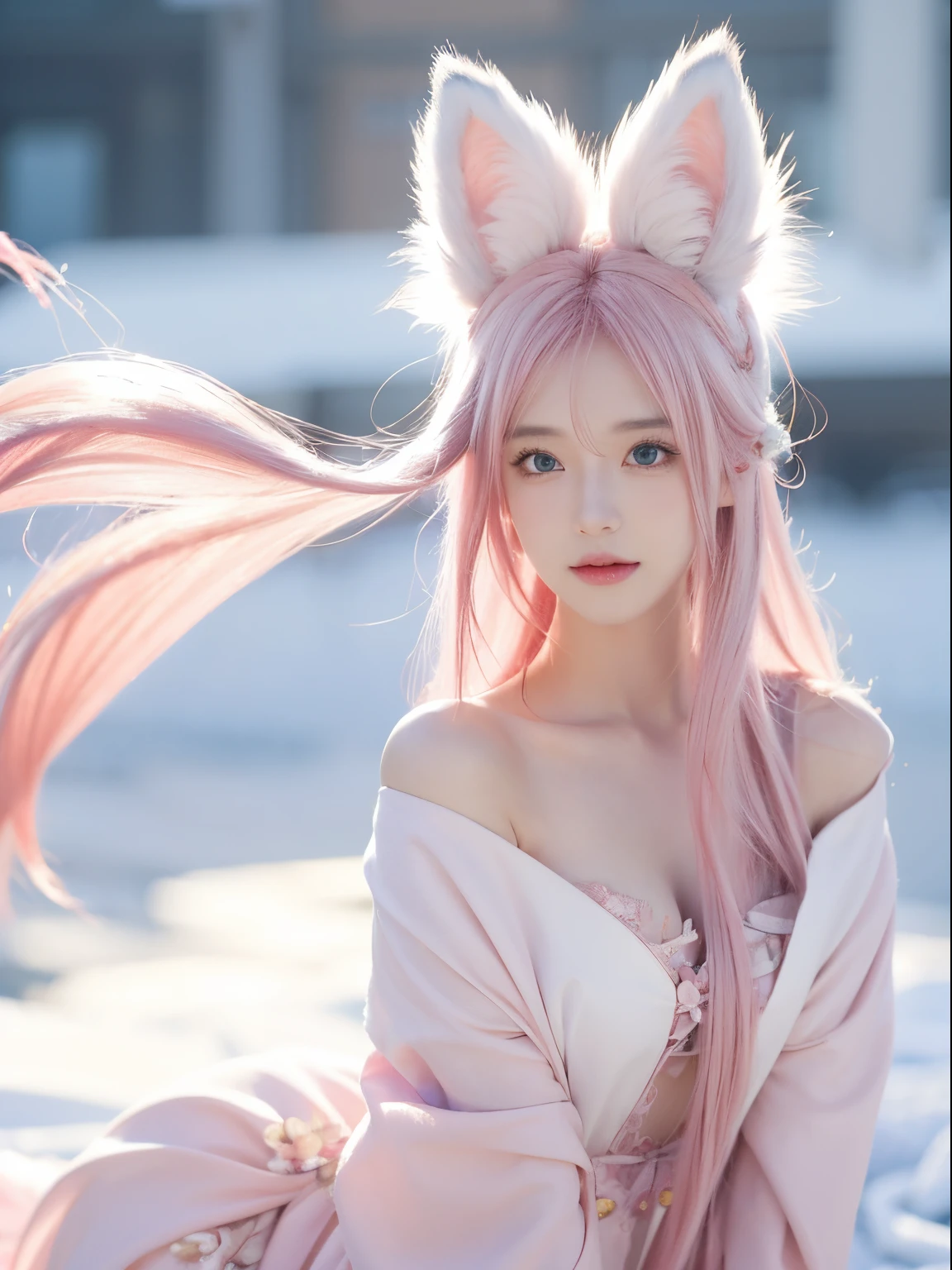 Nine snow-white fox tails (1.0), Milky white fox tail (1.0), Close-up of the nine-tailed fox, Nine tails, Nine tails, animemanga girl，A pink-haired，pinkdress，There are flowers on the hair, Very beautiful anime fox girl, Beautiful anime fox girl, Beautiful fantasy anime, guweiz, Anime girl with fox ears, Beautiful anime girls, Very beautiful and cute fox girl, pink flower rain, The background  blurred out, Anime style 4k, Anime fantasy artwork, 4k anime wallpapers, Gouves style artwork