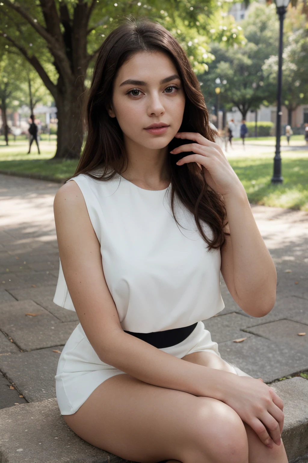 ((best quality)), ((masterpiece)), (detailed), perfect face, elegant black and white outfit, sitting in a park
