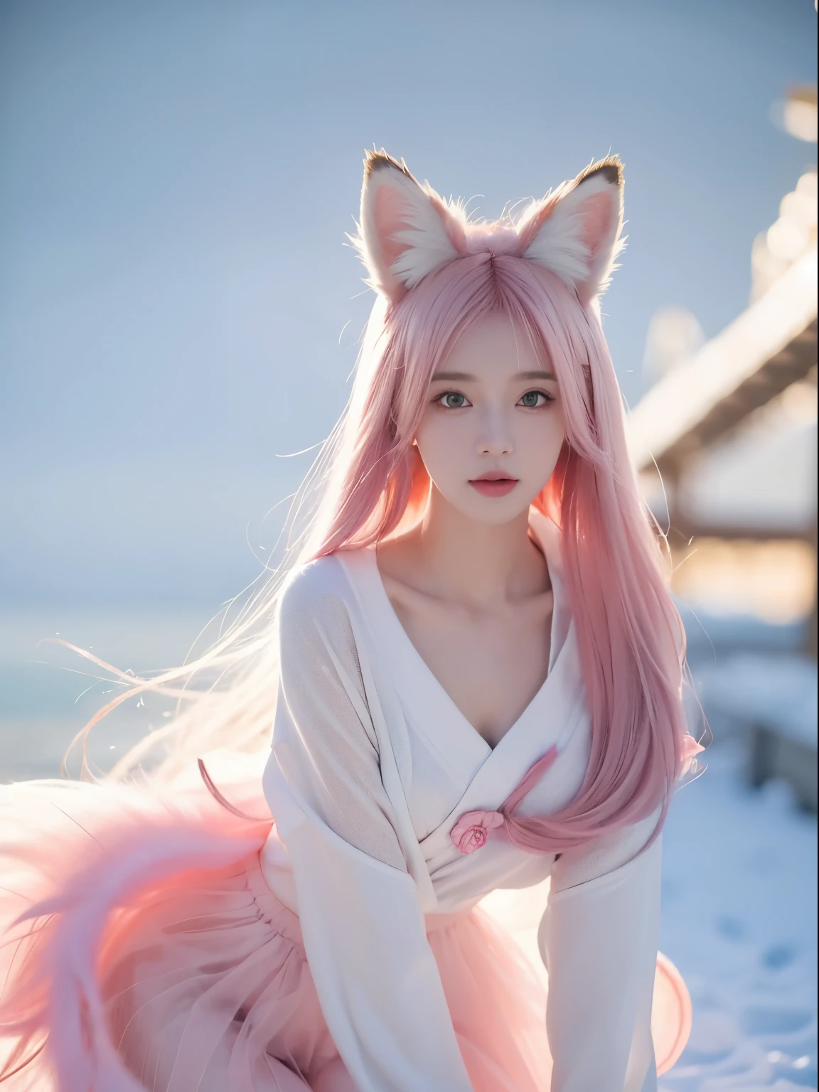 Nine snow-white fox tails (1.0), Milky white fox tail (1.0), Close-up of the nine-tailed fox, Nine tails, Nine tails, Anime manga girl,pink haired one,pinkskirt,There are flowers on the hair, Very beautiful anime fox girl, Beautiful anime fox girl, Beautiful fantasy anime, guweiz, Anime girl with fox ears, Beautiful anime girls, Very beautiful and cute fox girl, pink flower rain, The background blurred out, Anime style 4k, Anime fantasy artwork, 4k anime wallpapers, Gouves style artwork