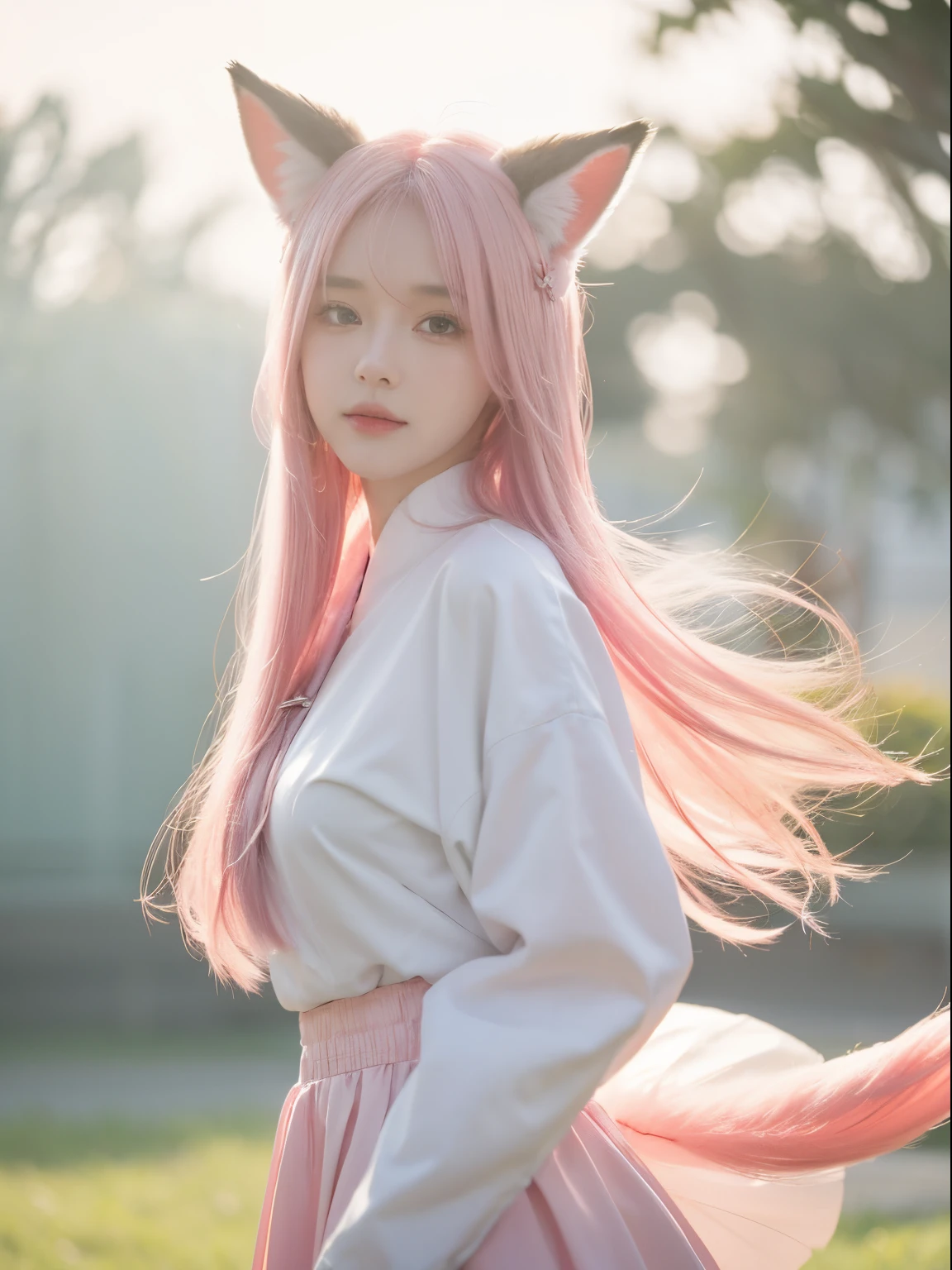 Nine snow-white fox tails (1.0), Milky white fox tail (1.0), Close-up of the nine-tailed fox, Nine tails, Nine tails, Anime manga girl,pink haired one,pinkskirt,There are flowers on the hair, Very beautiful anime fox girl, Beautiful anime fox girl, Beautiful fantasy anime, guweiz, Anime girl with fox ears, Beautiful anime girls, Very beautiful and cute fox girl, pink flower rain, The background blurred out, Anime style 4k, Anime fantasy artwork, 4k anime wallpapers, Gouves style artwork