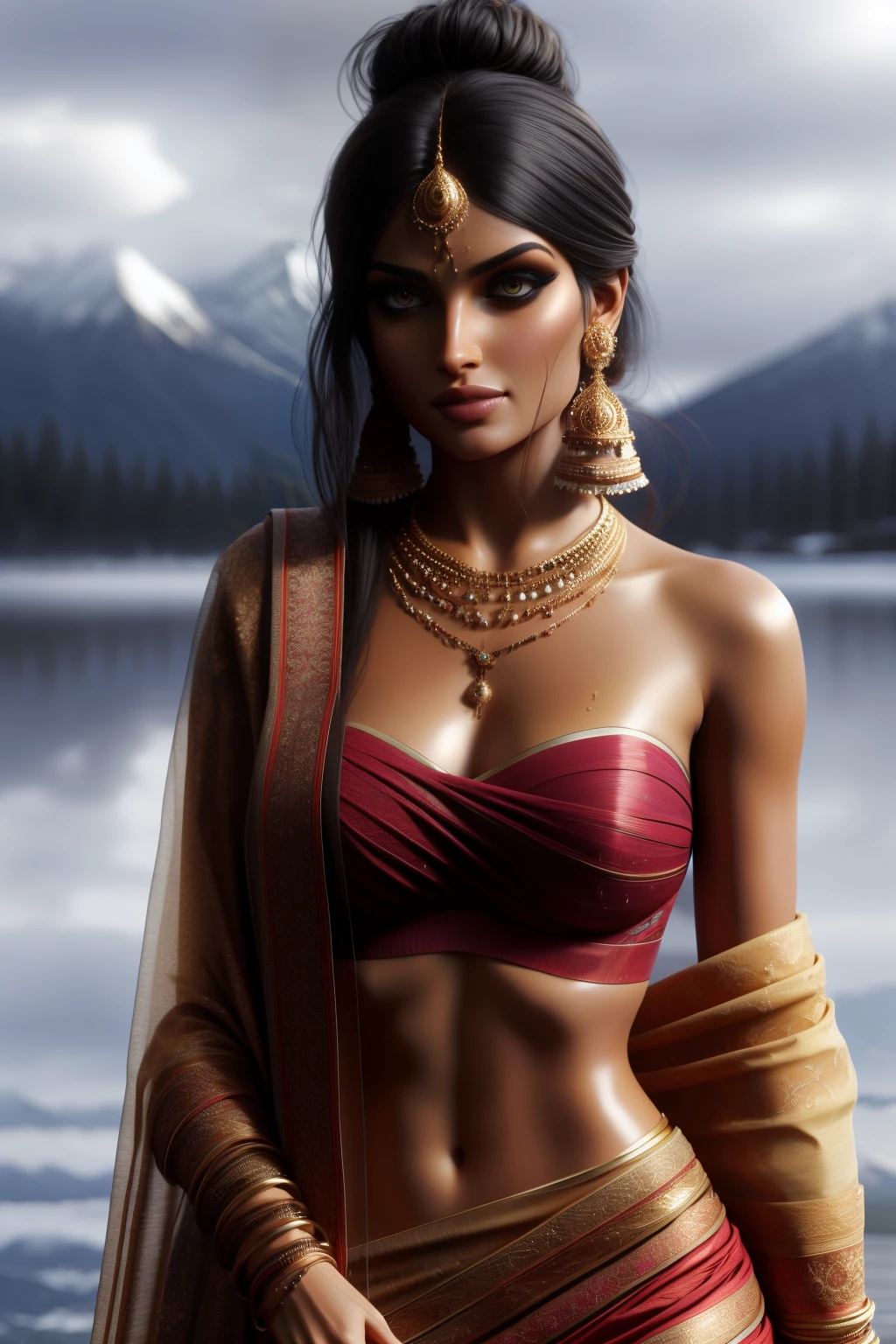 beautiful young maiden, standing in the rain, large breasts, long hair tied in a bun, wearing a strapless bra and a transparent sarong, wearing heavy makeup, long eye lashes, eye mascara, wearing golden ornaments, bindi, long earrings, necklace, arm bands, bangles, nose ring and waist chain, wet clothes, worried look, mountains in the background,