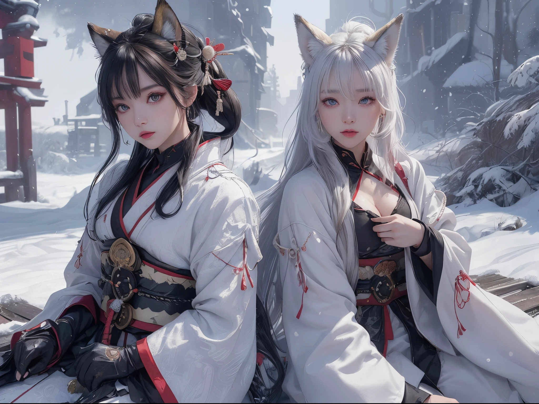 , Asian female, samurai kimono, sharp piercing eyes, white and black clothes, white twin-tail, hair woman, detailed eyes, focused highlight, background  a winter mountain, white  the main color, 1 beautiful girl, Detailed eye, Swollen eyes, top-quality, A high resolution, an Asian beauty, very extremely beautiful, Beautiful skins, A slender, Forward-facing body, (A hyper-realistic), (high resolution), (4K), (highly detailed),( Best Illustration), (beautifully detailed eyes), (ultra-detailed), Bright lighting, Professional Lighting, distance view, (Snow, winter:1.2), (lantern), (cry), ((samurai armor)), (fox ears and fox tail), samurai with fox ears and fox tails,  natural lighting, (weapon),