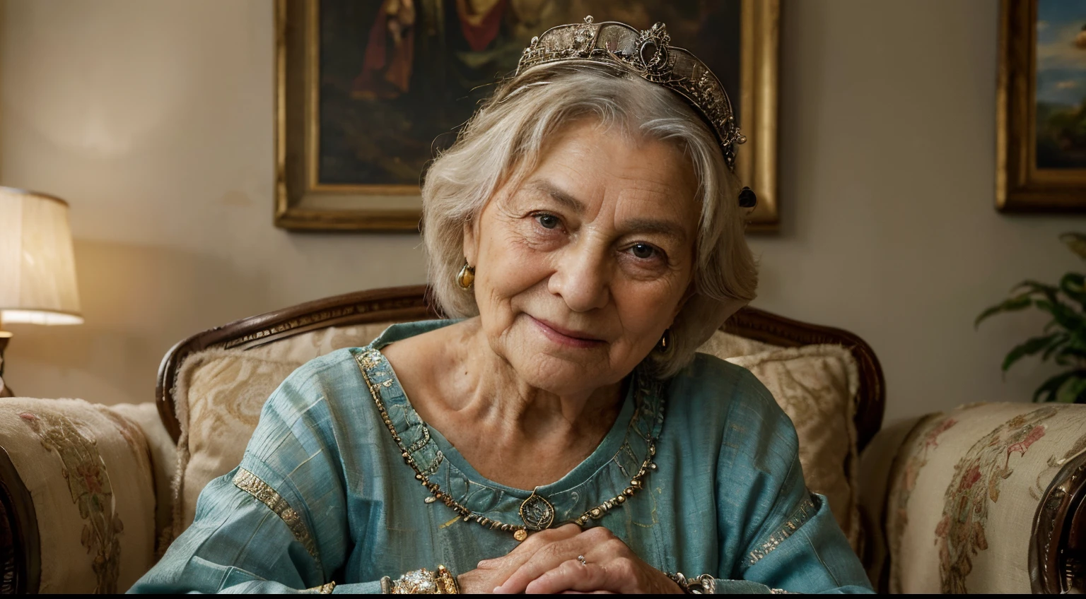 (a wise and kind old lady),(oil painting),(detailed face and expressions),(antiquated clothing),(sitting on a regal armchair),(surrounded by family portraits),(vivid colors),(soft and warm lighting),(fine brushwork),(traditional art),(subtle smile),(regal posture),(graceful hands),(wrinkled skin),(aged beauty),(nostalgic atmosphere),(regal crown),(nostalgic ambiance),(historical setting),(gentle and nurturing presence)