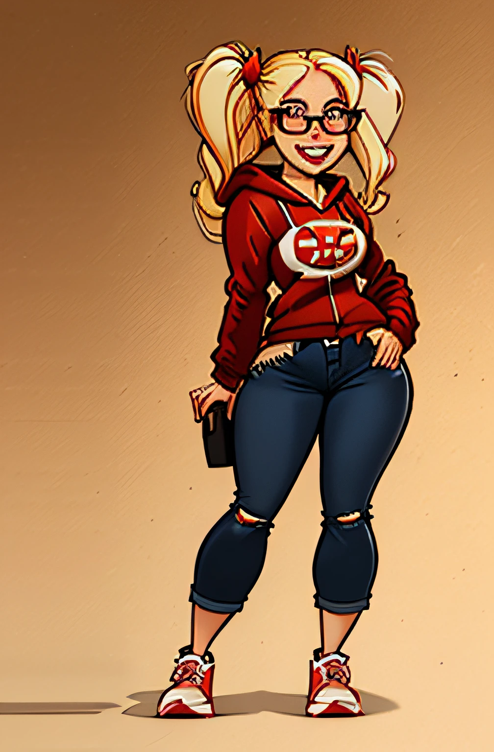 (full body view) 1 girl, pale skin, blonde hair, twin short pigtails, long denim jeans, loose red hoodie, small bust, flat breast, sneakers, wide hips, wide waist, curvy thighs, freckles, glasses (high face detail), smile playfully, flirt, pretty round face