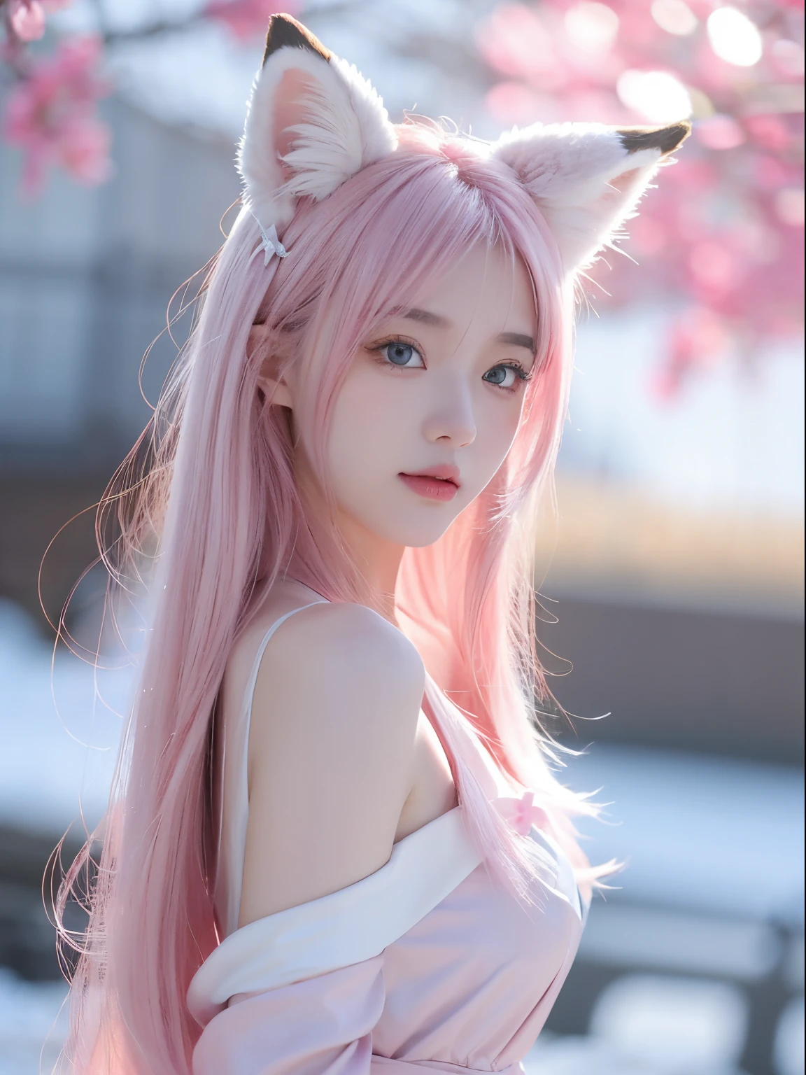 Nine snow-white fox tails (1.0), Milky white fox tail (1.0), Close-up of nine-tailed fox, Nine tails, Nine tails, Anime manga girl,pink haired one,Pink dress,There are flowers on the hair, Very beautiful anime fox girl, Beautiful anime fox girl, Beautiful fantasy anime, guweiz, Anime girl with fox ears, Beautiful anime girls, Very beautiful and cute fox girl, pink flower rain, The background blurred, Anime style 4k, Anime fantasy artwork, 4k anime wallpapers, Gouves style artwork