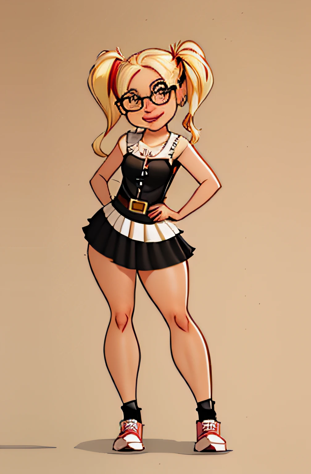 (full body view) 1 girl, pale skin, blonde hair, twin short pigtails, loose sleeveless long a-line summer dress, small bust, flat breast, sneakers, wide hips, curvy thighs, freckles, glasses (high face detail), smile playfully, flirt