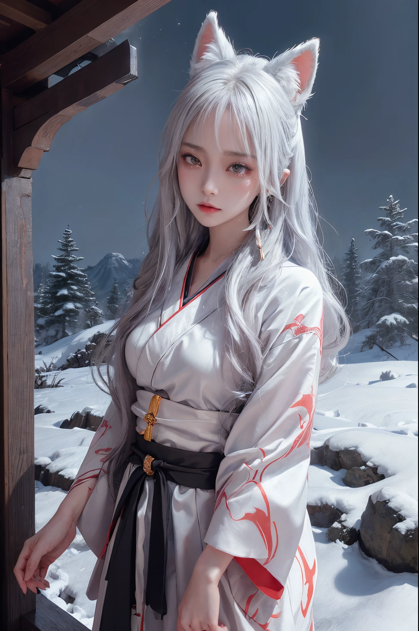 A woman in a white kimono with long hair and a cat ears - SeaArt AI