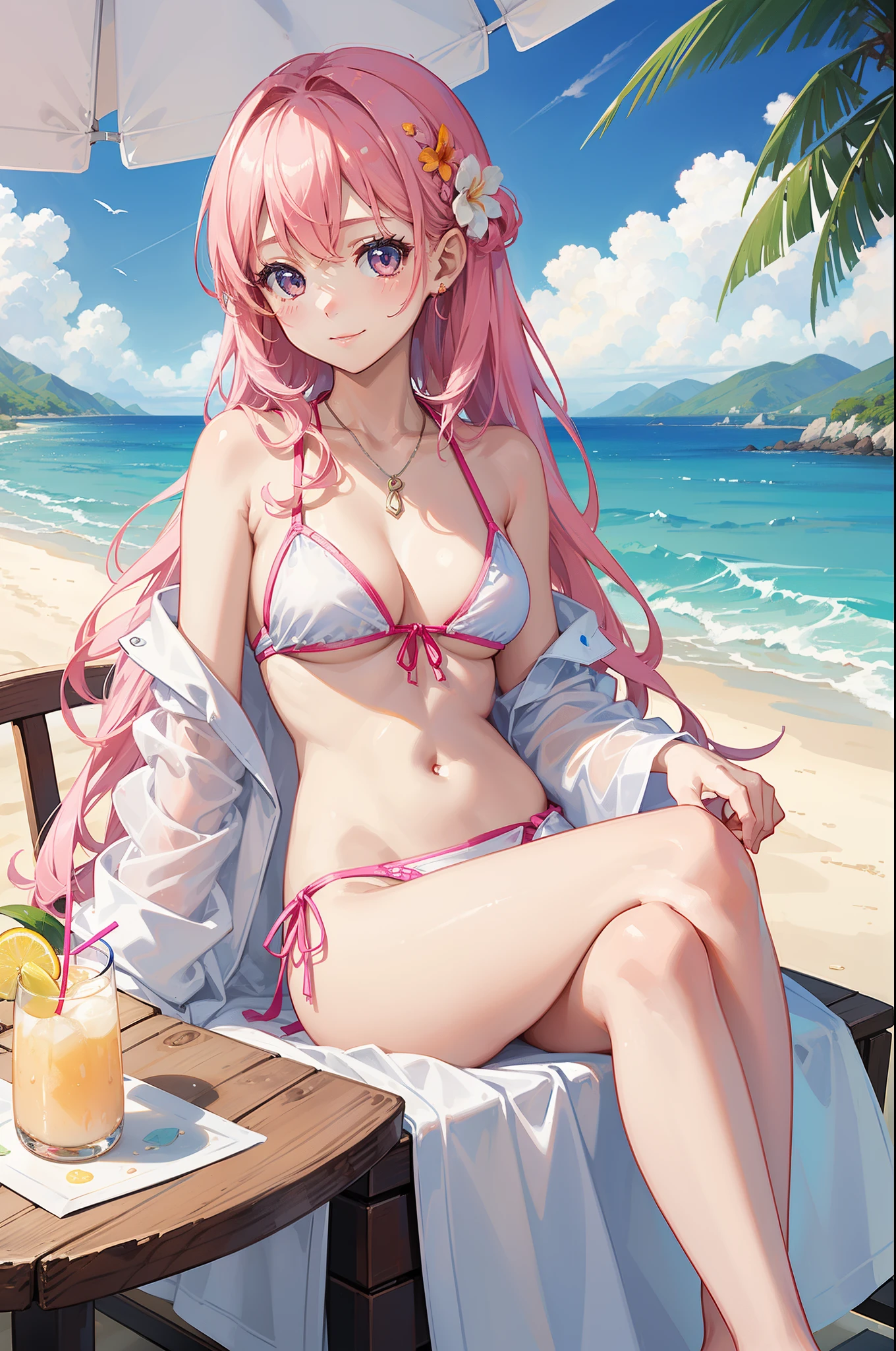 1 girl in、Cute Beautiful Girl、((The bikini))、((Wearing an unbuttoned white shirt))、A pink-haired、Sitting on a chair、beach parasol、(Drinking tropical juices)、(14years)、A smile、the beach、top-quality、photos realistic