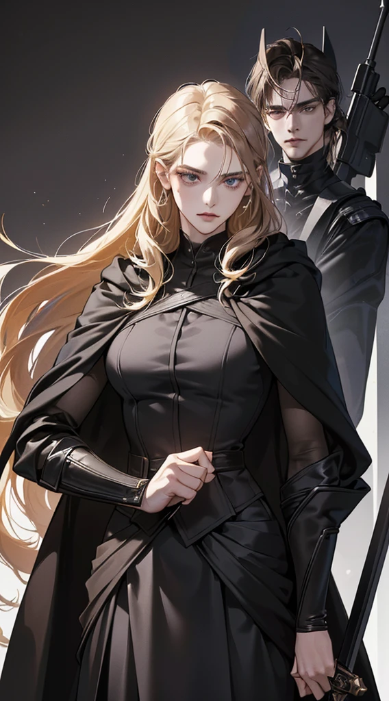 erson, 1 woman and 2 man (woman in the left ( 20 years old, blonde hair, long hair, 165 cm tall, average boobs, wearing black suit with black skirt, hooding gun, futuristic, serious expression), 1 man in the midle ( 20 years old, black hair, long hair tied, handsome, 170cm tall, fit body, gloomy face, wearing black suit, holding sword in front of him, futuristic, wearing rings), 1 man on the right ( 25 years old, brown hair, 175cm tall, funny face, wearing black suit, wearing gauntlet, futuristic)), haunted house background, minimalize lighting, 8k, masterpiece, best quality, realistic animation