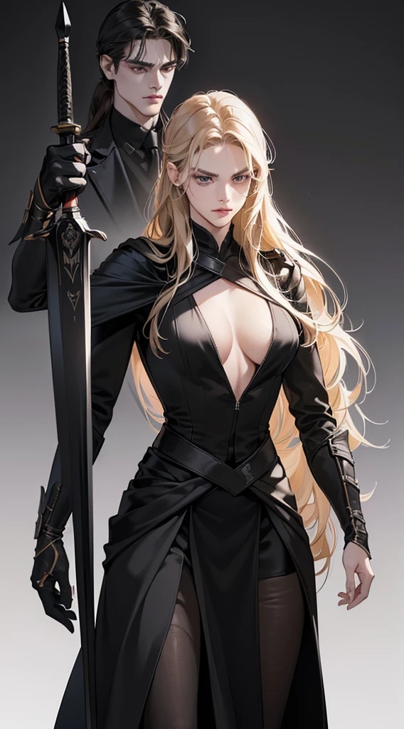 erson, 1 woman and 2 man (woman in the left ( 20 years old, blonde hair, long hair, 165 cm tall, average boobs, wearing black suit with black skirt, hooding gun, futuristic, serious expression), 1 man in the midle ( 20 years old, black hair, long hair tied, handsome, 170cm tall, fit body, gloomy face, wearing black suit, holding sword in front of him, futuristic, wearing rings), 1 man on the right ( 25 years old, brown hair, 175cm tall, funny face, wearing black suit, wearing gauntlet, futuristic)), haunted house background, minimalize lighting, 8k, masterpiece, best quality, realistic animation