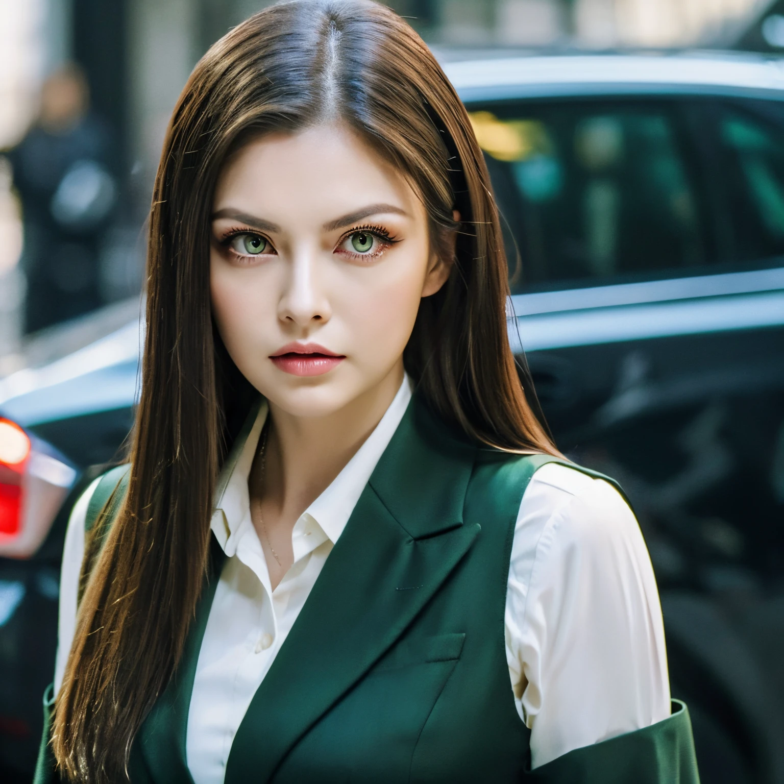 Brunette woman with green eyes, mafia attire, stern expression, hair shoulder length