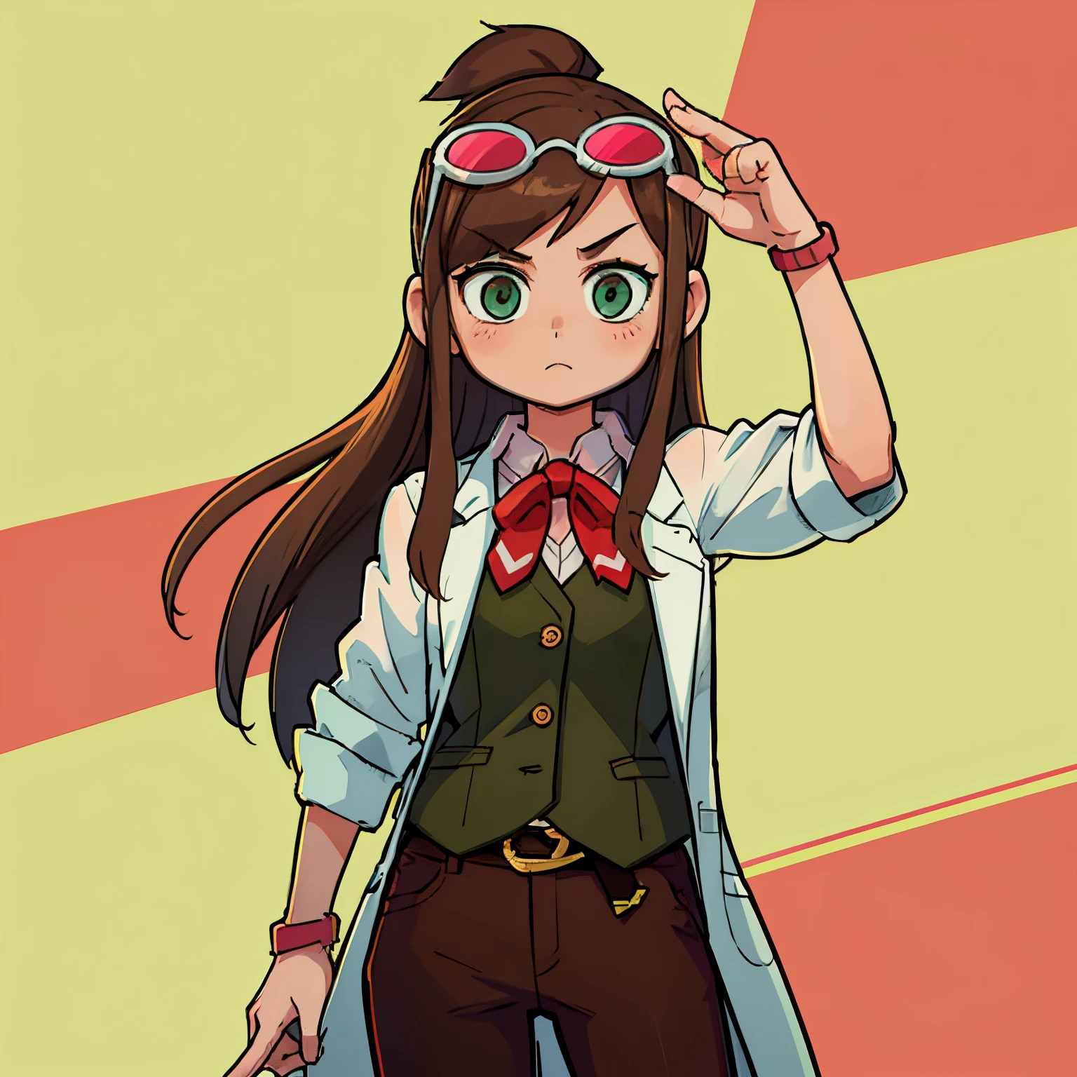 High quality, official art, Ema Skye, cute, tinted eyewear on head, open clothes, labcoat, sleeves rolled up, (green vest), red bow, brown pants, wristband,  white background