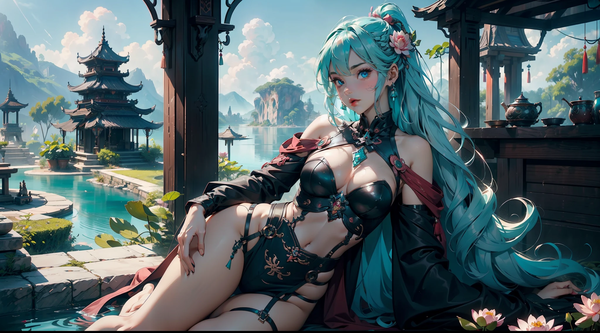 1female，(((solo))), 21 years old，，mature，plumw，extremely large bosom ，Pornographic exposure， 奏，（Background with：the rainforest，lotus flower，ponds，stunning view，with blue sky and white clouds） Keep hair long，laying underwater，seen from the front，(((cyan hair))), hair straight， mostly cloudy sky，（（（tmasterpiece），（Very detailed CG unity 8K wallpaper），best qualtiy，cinmatic lighting，detailed back ground，beatiful detailed eyes，，Redlip（Very fine and beautiful），（Beautiful and detailed eye description），ultra - detailed，tmasterpiece，）），facing at camera，A high resolution，ultra - detailed），revealing breastare genitalia，  Bulge，legs are open，Raised sexy，Camel toelushed complexion，Open-mouthed，frontage，Mongol cavalry，（Wearing：cyan capelet，Armour，Bare lower body，Bare breastare ，pink and black color scheme，Hanfu，Iron Man Mech）,