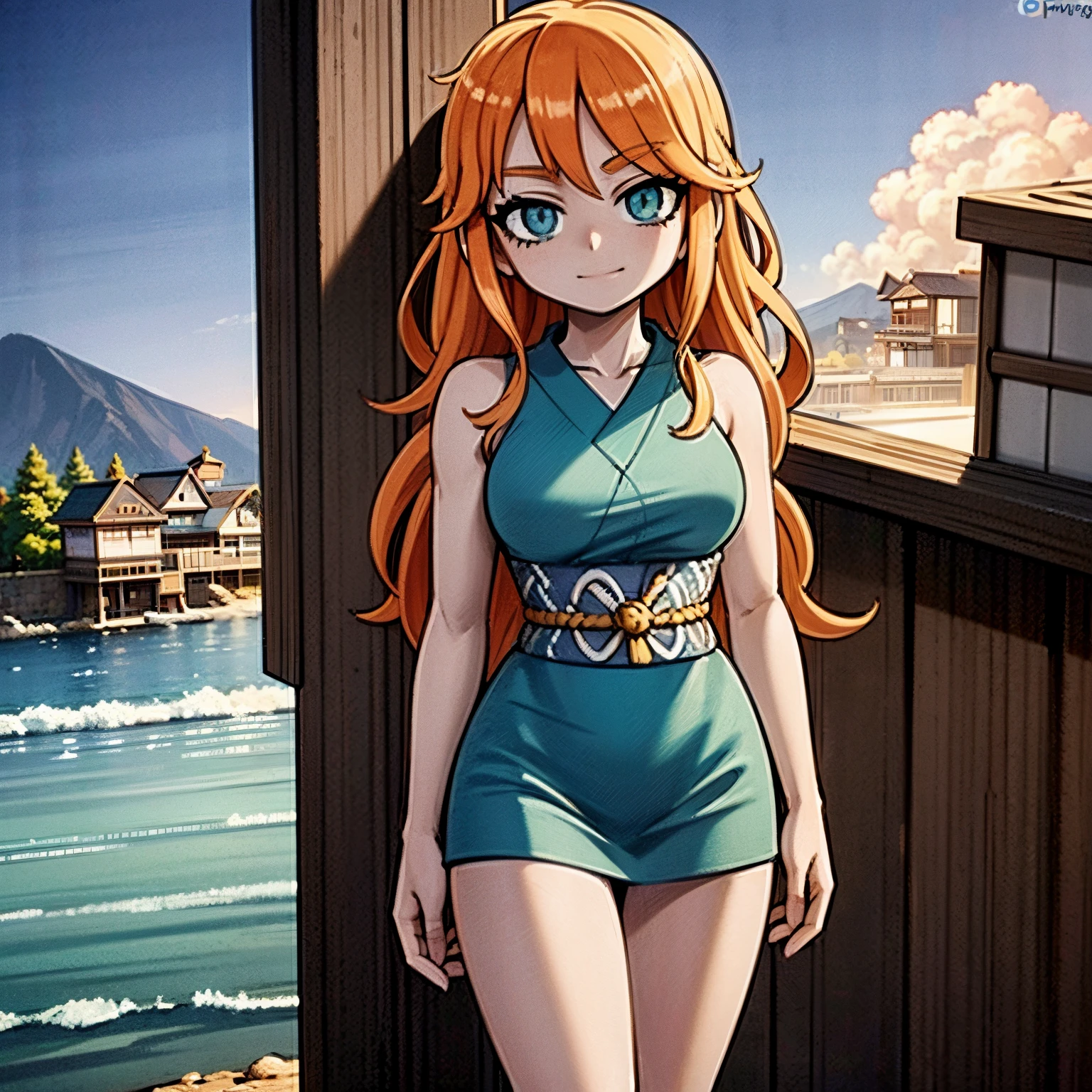 best quality,ultra-detailed,realistic:1.37,Nami,beautiful detailed eyes,long orange hair,wavy hair,thin eyebrows,warm smile,dressed in a flowing blue kimono,standing on a rocky shoreline,with crashing waves in the background,sunlight casting soft golden light on the scene,seagulls flying above the sea,peaceful and serene atmosphere,subtle reflection on the wet sand,with a distant view of a traditional Japanese fishing village,painted in traditional Japanese art style,saturated colors with a touch of cool tones.