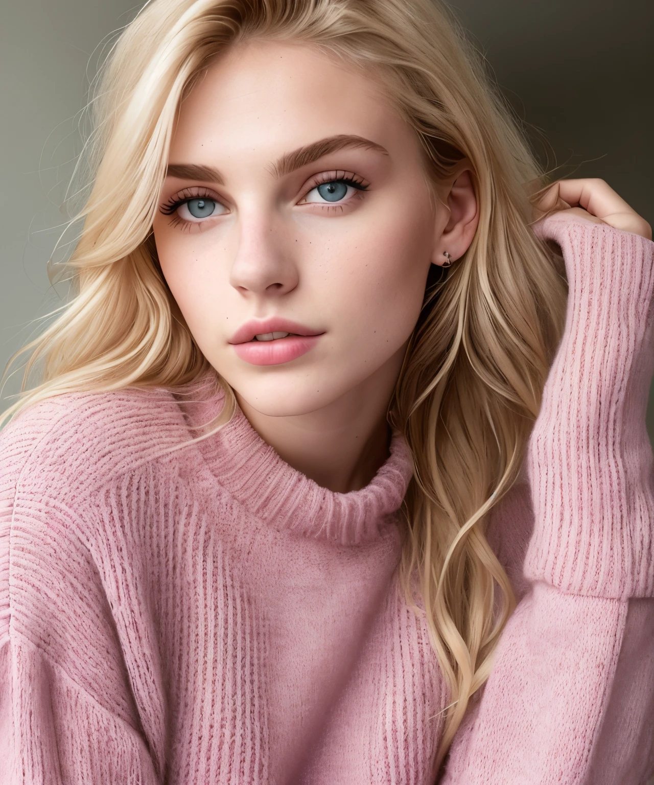 Serb、20yr old、femele、eyes large、a blond、lips pink、Big、tall、Shoulder out、Model body type、Beautuful Women、Sweaters