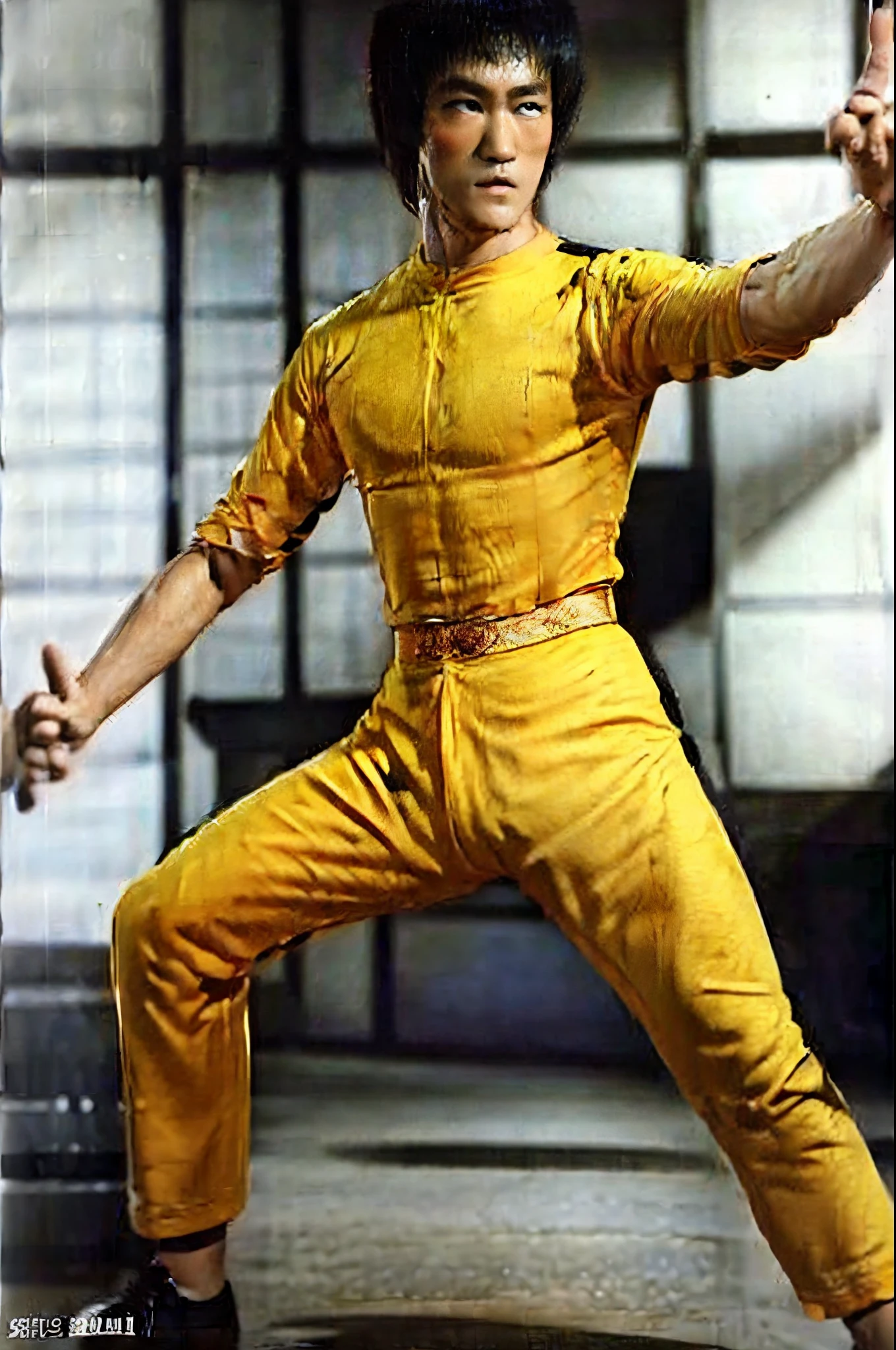 (Bruce Lee:1.3),a man with a yellow shirt on his body, fighting pose, full body