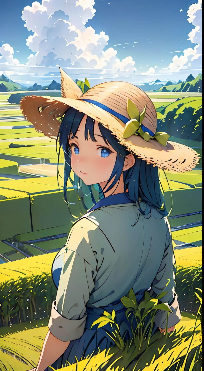 Wheat field, a farmer uncle with a straw hat standing in a wheat field, big clouds, blue sky, rice field, neat rice seedlings in the field, forest, hillside, secluded, rural, HD detail, hyper-detail, cinematic, surrealism, soft light, deep field focus bokeh, ray tracing and surrealism. --v6