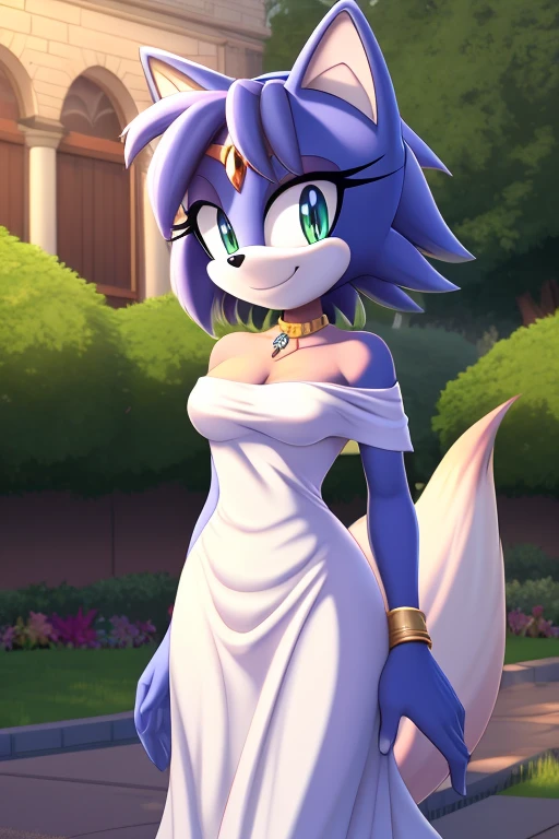 2D illustration, Krystal the fox, blue fox, short hair, medium breasts, jewelry, strapless, off shoulder, white dress, mansion, daytime, outside, garden, smile, standing, 12.1, upper body, high quality, Masterpiece.