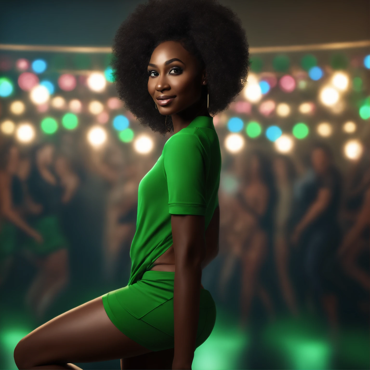 ((Very Dark African skin, Very deep ebony skin)), ((Its beauty  undeniable)), ((Excited cute face)), ((Hyper detailed perfect eyes,)), ((cute pose)), ((Language output)), ((Seductive )), sexy, (( Tight green shirt with holes *un peu de sein visible*), skinny jeans sexy)), ((Afro ponytail with long African curly hair,)), (( skin )), ((dancing, back view)), ((toucher ses propres jambes dans une pose sexy)), ((party, crowded, disco, club , dark )), Sharp Focus CGI, photoreallistic, High detail, Realstic, Masterpiece, absurdes, Best quality, Hdr, High quality, high-definition, Extremely detailed, 8k wallpaper, Intricate details, 8K UHD, Full-HD, (photo realist:1.2), contraste, intense illumination, lighting cinematic, natural lighting, hard light, contre-jour, Illumination globale, occlusion ambiante, smiling, happy, sweating, dancing, indoors, light show , dj, crowded, picture from above