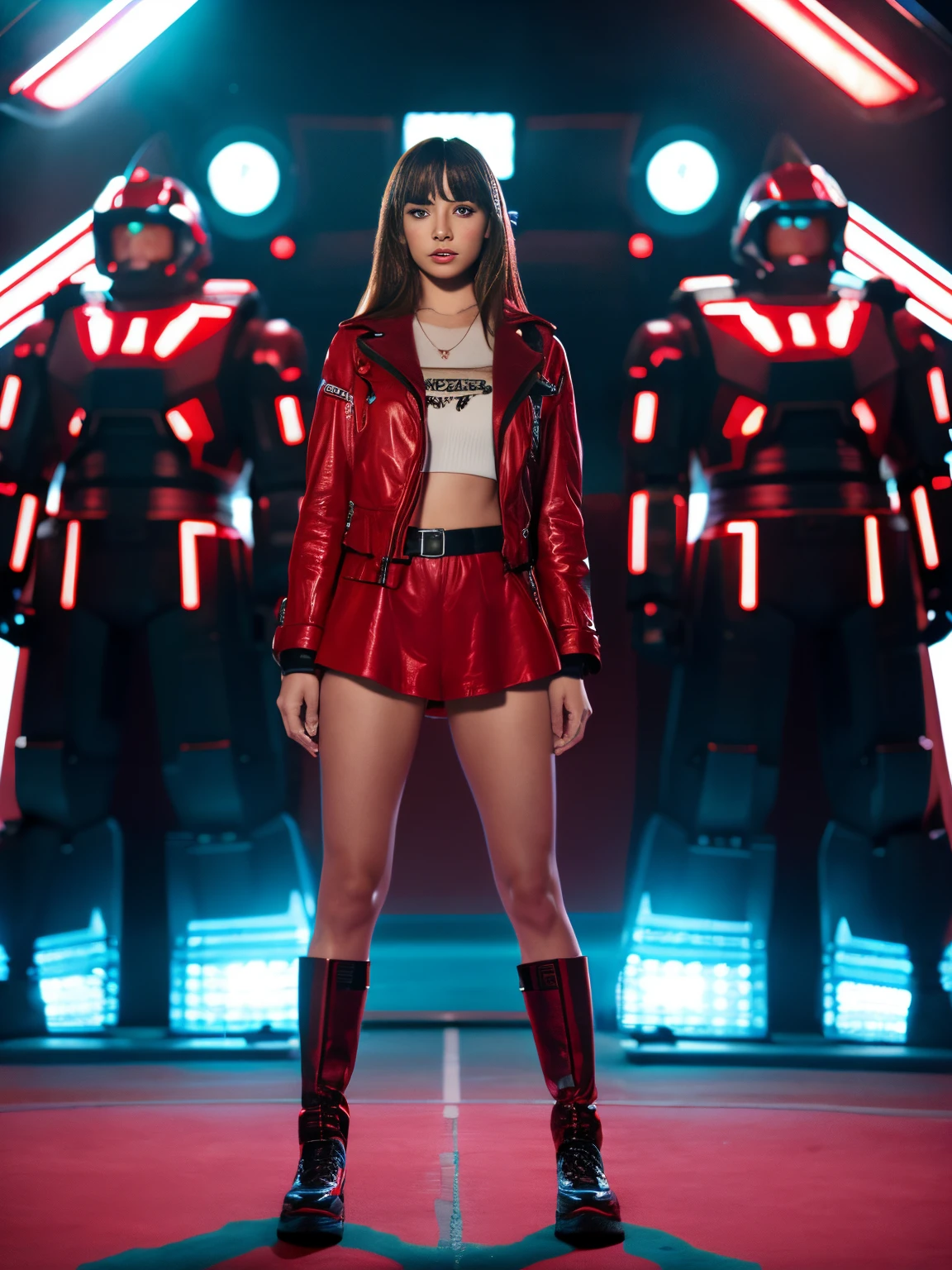 Ultra-high-definition image quality :1.2),,Realistic,High quality,Movie Light, full body Esbian,Beautiful Woman Images, Standing in front of a giant robot,girl in red shorts and black jacket, Facing here,girl with a stern expression
