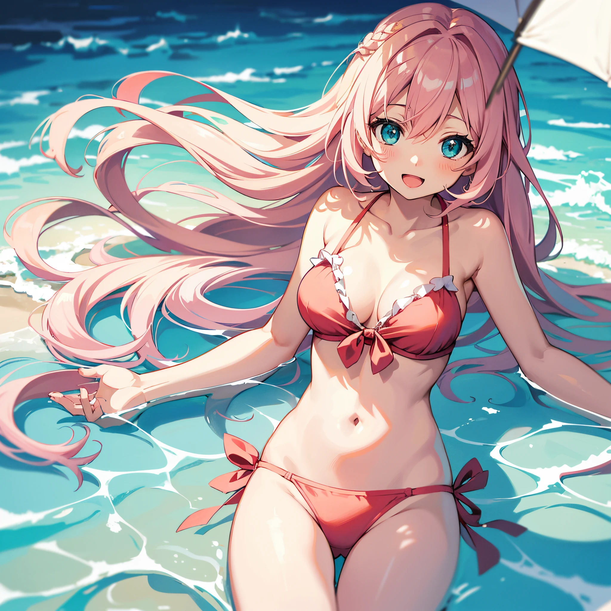Anime illustrations in the style of "Kyoto Animation", highest quality, (cute: 1.1), (cute), (high resolution: 1.2), incredibly ridiculous: 1.3, incredibly fine illustrations, break 1 beautiful girl, Solo, (heterochromia, light blue eyes and light green eyes), silhouette of star eyes, solo, standing figure, happy, :d, princess eyes, big breasts, break, braid, light pink hair, semi-long hair, red ribbon at the end of braid, break, Pink ruffled bikini, sandy beach, sea, parasol, lying on leisure sheet, sunny