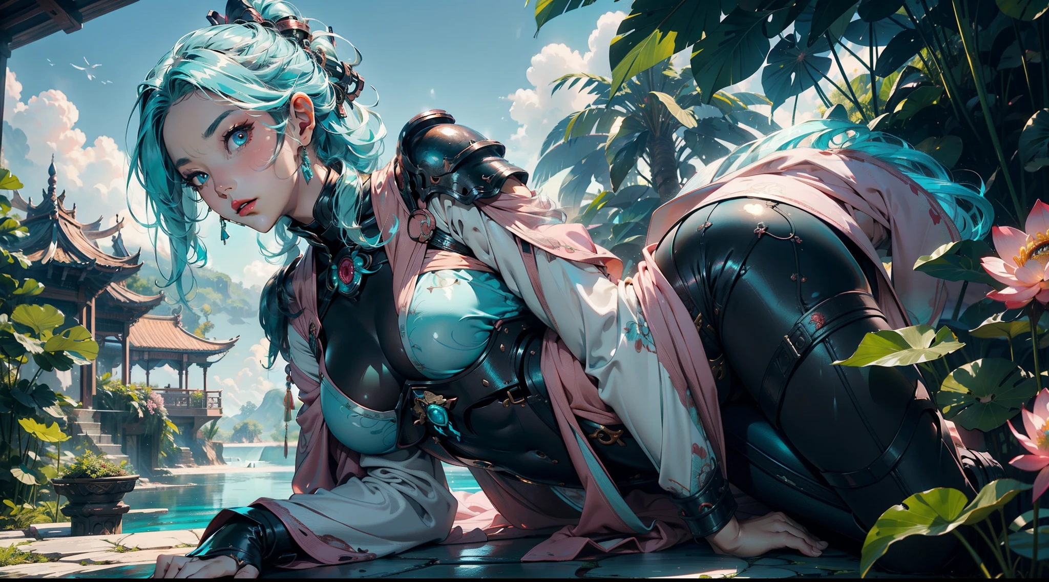 1female，(((solo))), 21 years old，，mature，plumw，extremely large bosom ，Pornographic exposure， 奏，（Background with：the rainforest，lotus flower，ponds，stunning view，with blue sky and white clouds） Keep hair long，laying underwater，seen from the front，(((cyan hair))), hair straight， mostly cloudy sky，（（（tmasterpiece），（Very detailed CG unity 8K wallpaper），best qualtiy，cinmatic lighting，detailed back ground，beatiful detailed eyes，，Redlip（Very fine and beautiful），（Beautiful and detailed eye description），ultra - detailed，tmasterpiece，）），facing at camera，A high resolution，ultra - detailed），revealing breastare genitalia，  Bulge，legs are open，Raised sexy，Camel toelushed complexion，Open-mouthed，frontage，Mongol cavalry，（Wearing：cyan capelet，Armour，Bare lower body，Bare breastare ，pink and black color scheme，Hanfu，Iron Man Mech）,