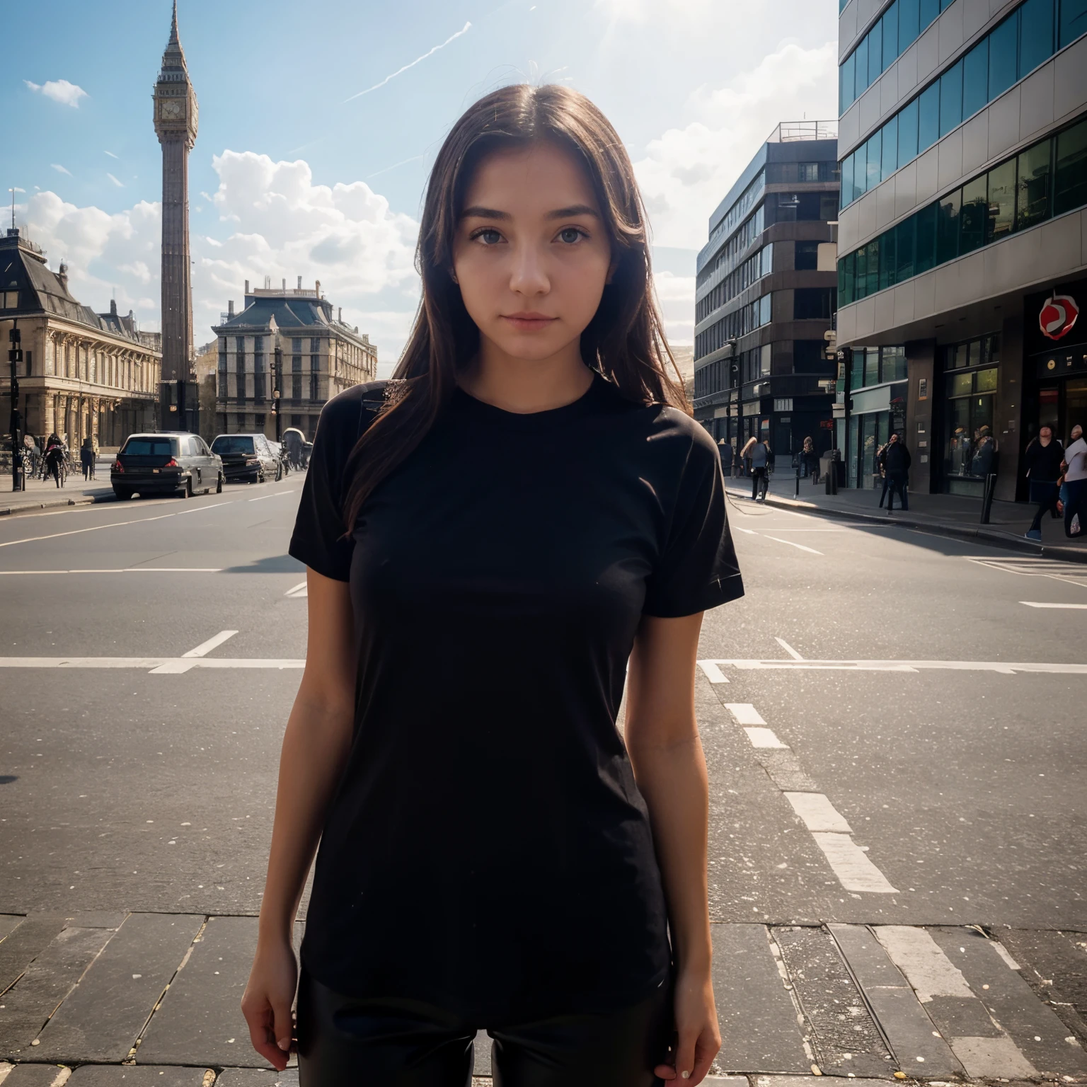 Girl wearing black t shirt blank..standing in London Big Ben
