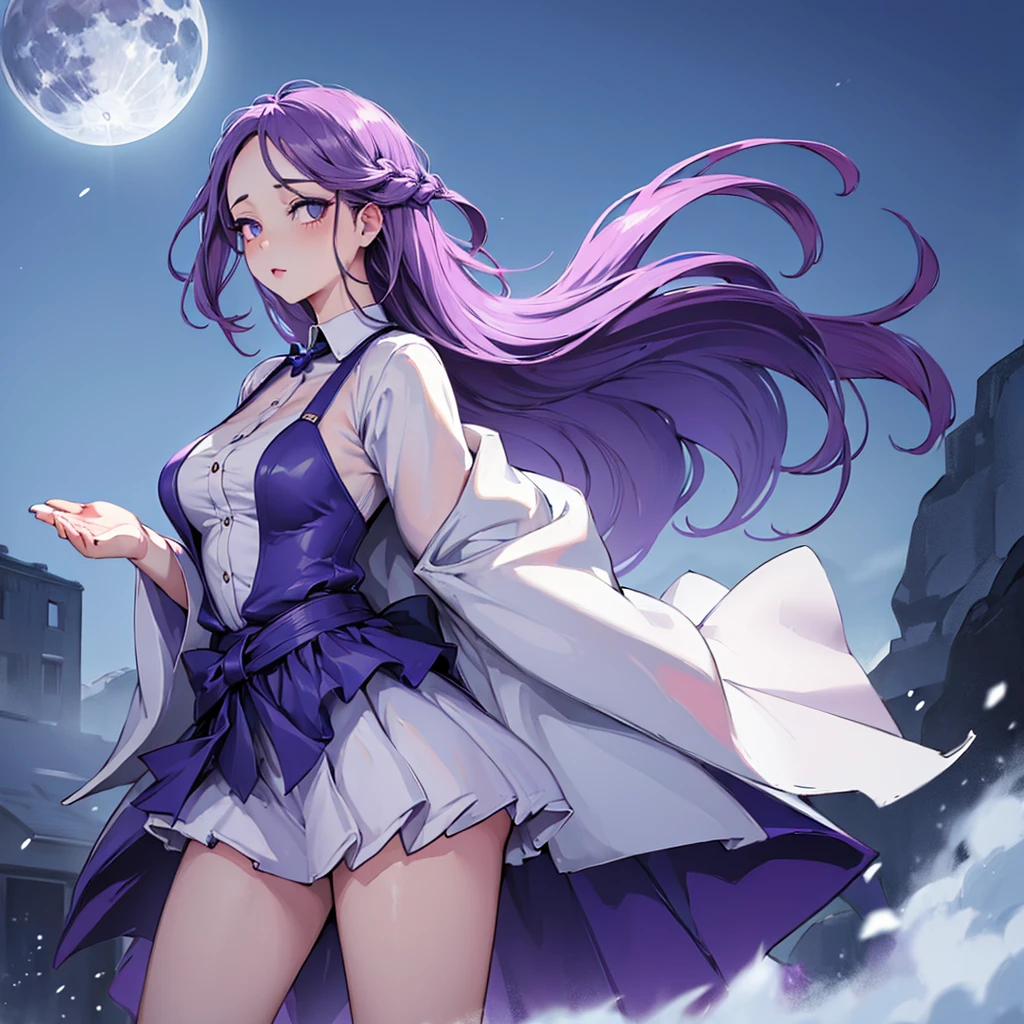 ((((Masterpiece)))), top quality, illustration, beautiful girl with sparkling eyes, purple to gradient sky, clouds, fantastic world, white moon, wind shaking hair, 32K, miniaturization,