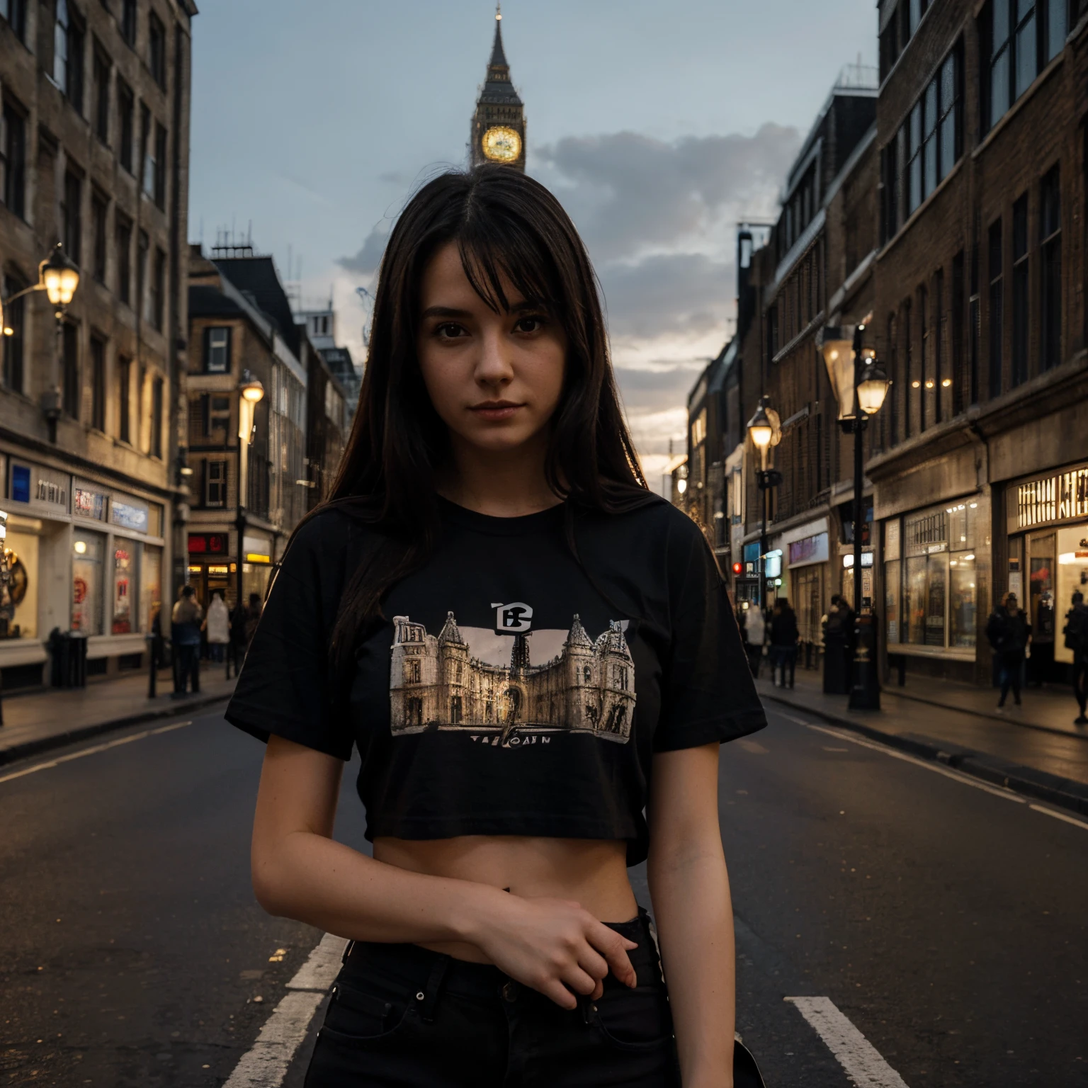 Girl wearing black t shirt blank standing in London Big Ben