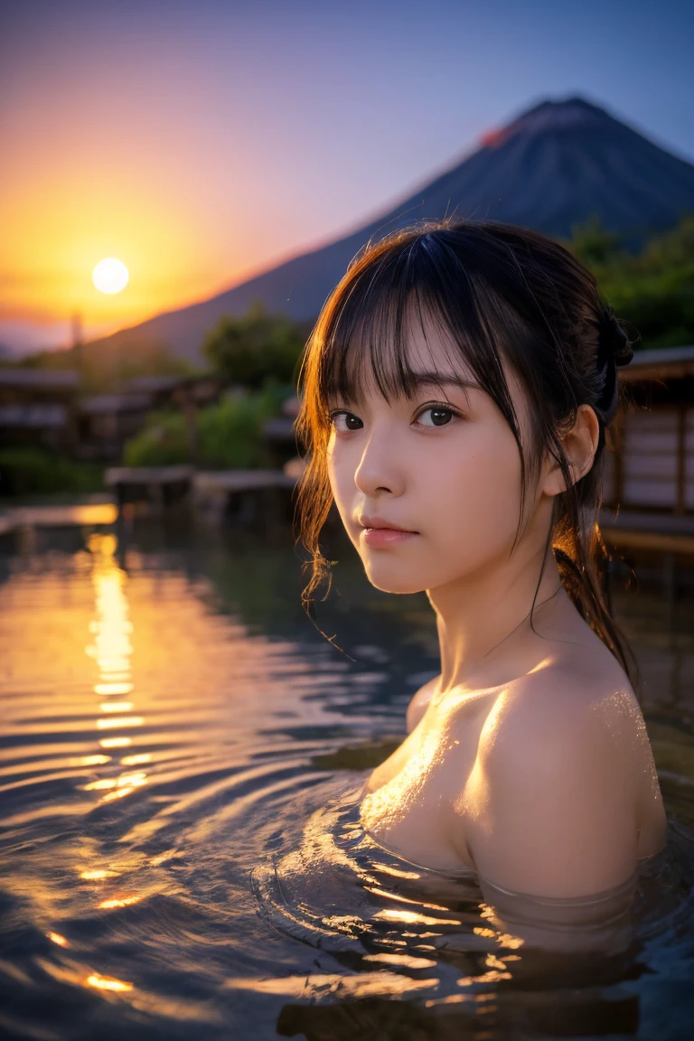 ((Onsen with a view of the volcano:1.3)), (masutepiece:1.3), (8K, Photorealistic, Raw photo, Best Quality: 1.4), Japanese, (1girl in), Beautiful face, (Realistic face), (Black hair), Beautiful hairstyle, Realistic eyes, Beautiful detailed eyes, (Realistic skin), Beautiful skin, Attractive, 超A high resolution, A hyper-realistic, Highly detailed, Golden ratio,School uniform. (3 Gills:1.5),  (Sony Alpha 1, 50.1 megapixel full-frame CMOS sensor, 8K video recording function), (telephoto lens), (Realistic),(8K, 超A high resolution, Best Quality, masutepiece:1.2),Ultra-detailed,beautifull detailed face, FULL ANATOMY,(Beautiful detailed eyes:1.3),18year old, masutepiece, Best Quality,Kiss Face,sad Facial expression,embarassed expression, Undersized breasts,extremely delicate and beautiful,17 year old girl extremely detailed,
nffsw,
Unity,
8K Wallpaper,
amazing,
finely detail,
Ultra-detailed,
High resolution,
Extremely detailed,
extremely detailed eye and face,Wet, Immerse the whole body in hot water,Bath Towel Tube Top, (Hakone Onsen ,Kusatsu Onsen,Noboribetsu Onsen,Dogo Onsen,Beppu Onsen Village),Night,