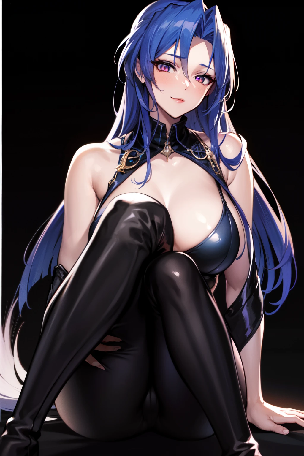 Beautiful Girl, Full body, Tousled blue hair with long bright neon stripes, red eyes with slit pupils, large full breasts,  ((Pose Seductive:1.2)), Black eyeshadow, (street style wear:1.2), ((Tight-fitting pants)), ((Knee High Leather Boots)), (dark city night black background:1.4),  (light_Smile:1.0), Dark makeup, Digital Art, Trending on ArtStation, Highly detailed, Fine detail, Convoluted, Beautiful detailed glow, Detailed, Cinematic Light, hight resolution, detailed facial features, Sharp Focus, Smooth, Aesthetic,