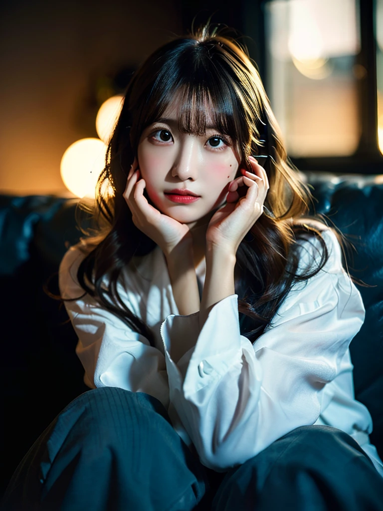 Highest Quality, masterpiece, unbelievably beautiful, very delicate 8k wallpaper, Transcendently Beautiful Girl, girl watching tv on the sofa, japanese, 20 year old, {{less mole}}, ((long hair)), ((wavy hair)), ((looking away)), sexy pajamas, wariza, Cute and very detailed eyes, Cherry-heart-shaped lips, ((room at night)), ((dark light)), ((back light)), dark ilumination, Detailed eyes, detailed facial features, detailed arms, Detailed fingers, Detailed legs