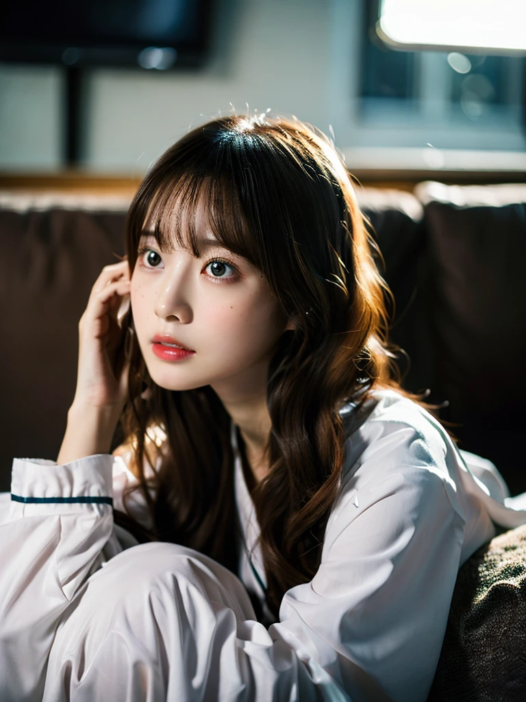 Highest Quality, ​masterpiece, unbelievably beautiful, very delicate 8k wallpaper, Transcendently Beautiful Girl, girl watching tv on the sofa, japanese, 20 year old, {{less mole}}, ((long hair)), ((wavy hair)), ((looking away)), sexy pajamas, wariza, Cute and very detailed eyes, Cherry-heart-shaped lips, ((room at night)), ((dark light)), ((back light)), dark ilumination, Detailed eyes, detailed facial features, detailed arms, Detailed fingers, Detailed legs