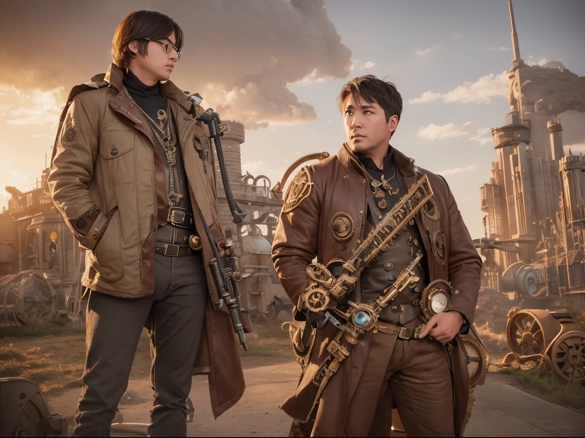Transform the Enterprise NCC-1701 and its crew into a steampunk wonder, with gears, brass, and steam-powered machinery. Reference the steampunk aesthetic of artists like Brian Kesinger or James Ng.