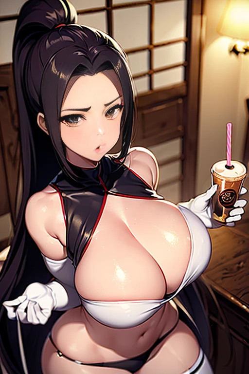 (tmasterpiece:1.4), (La mejor calidad:1.4), anime,comic, 1girl,Cara delicada，teta enorme,mano_burbuja_tea_desafiar,bubble tea,Milk tea to support breasts,Shiranui Mayo,Traje Ninja Rojo，Cabello largo y negro，Cola de caballo simple，Figura sexy