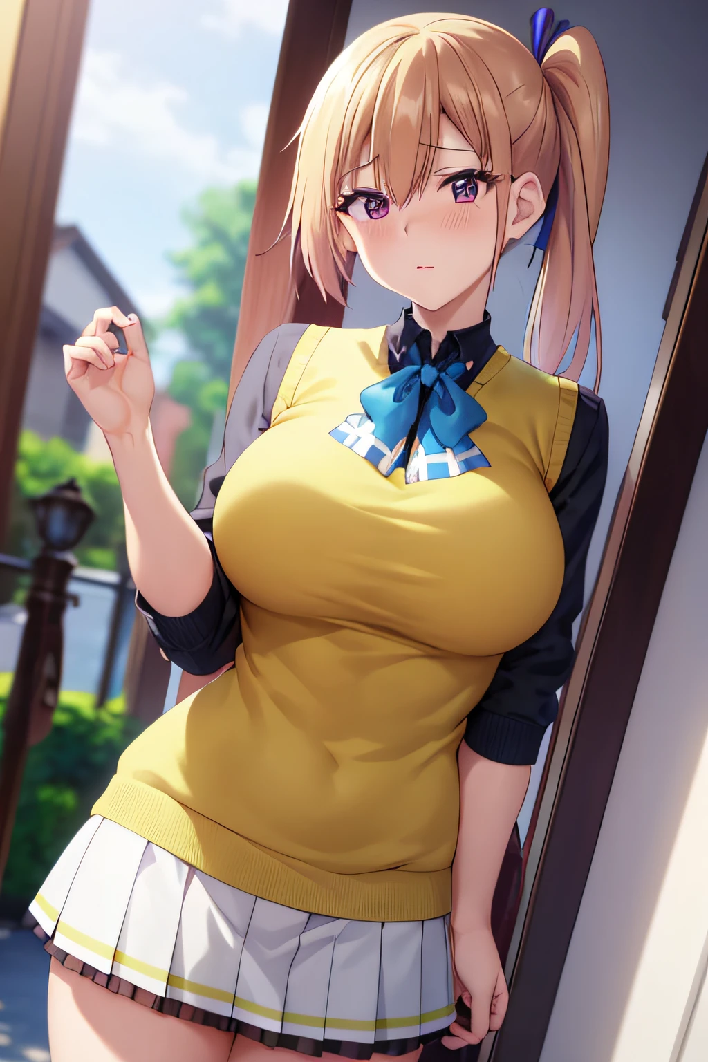 masterpiece, (top-quality), 1womanl,1girl in,1 boy,,kawakami_touko, blonde hair, length hair, side poneyTail, a purple eye, Sweater Vest, 校服, skirt by the, Big breasts,bow ribbon, Hair Ribbon, Mole under the eyes,Female sexy, embarrassed from,red blush, vivd colour,,natural soft light,nffsw, , Beautiful fece, (详细的脸:1.2), showcase, (perfect eyes:1.1) ,(Photorealsitic:1.1), 8K UHD, Look at viewers, outside of house, simple background