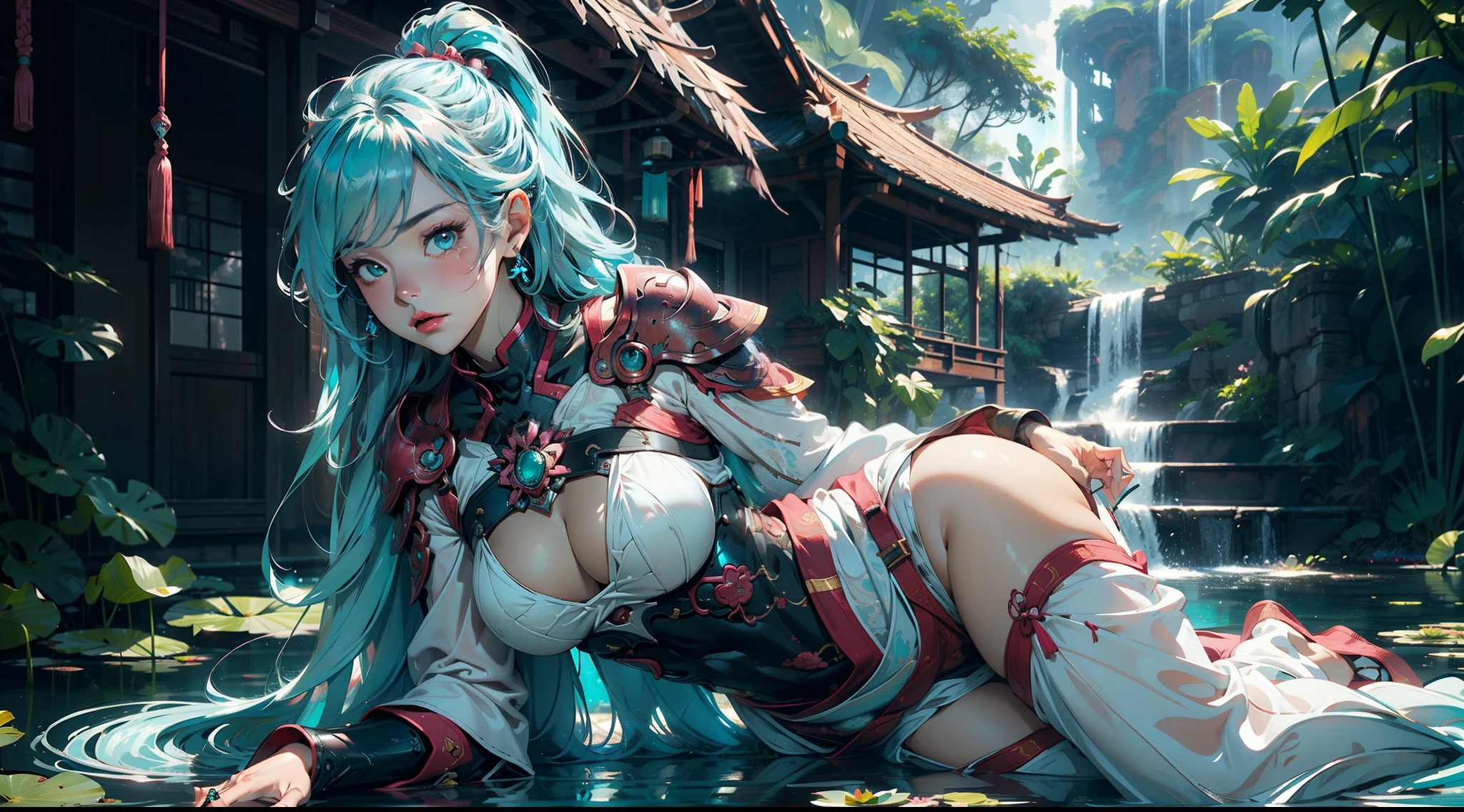 1female,(((solo))), 21 years old,,mature,plumw,extremely large bosom ,Pornographic exposure, 奏,(Background with:the rainforest,lotus flower,ponds,stunning view,with blue sky and white clouds) Keep hair long,laying underwater,seen from the front,(((cyan hair))), hair straight, mostly cloudy sky,(((tmasterpiece),(Very detailed CG unity 8K wallpaper),best qualtiy,cinmatic lighting,detailed back ground,beatiful detailed eyes,,Redlip(Very fine and beautiful),(Beautiful and detailed eye description),ultra - detailed,tmasterpiece,)),facing at camera,A high resolution,ultra - detailed),revealing breastare genitalia, Bulge,legs are open,Raised sexy,Camel toelushed complexion,Open-mouthed,frontage,Mongol cavalry,(Wearing:pink capelet,Armour,Bare lower body,Bare breastare ,pink and black color scheme,Hanfu,Iron Man Mech),