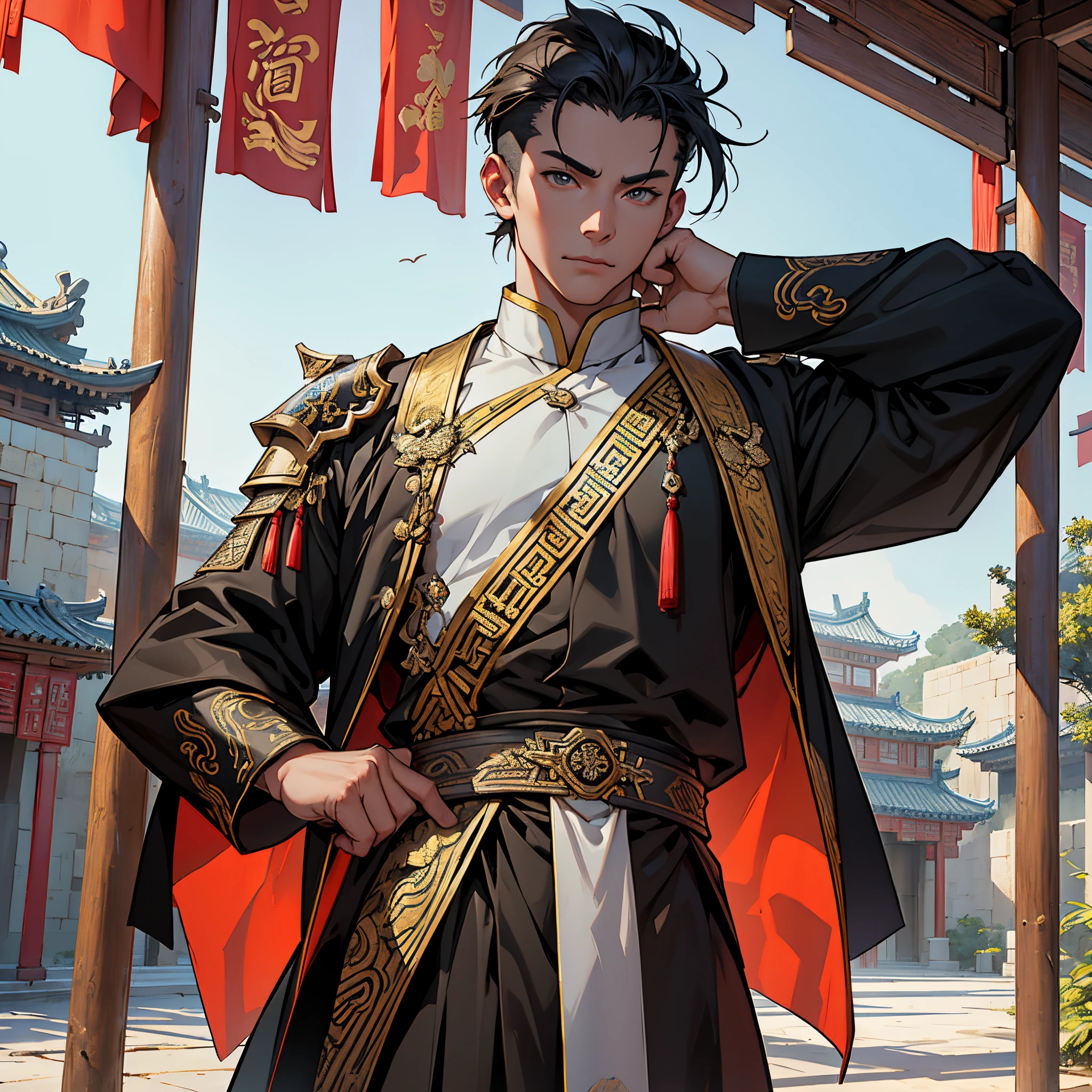 ​masterpiece, Best Quality, detailed, Cinematics, 4k, Background with:In front of a pavilion inside an ancient Chinese city, wearing black uniform and armor, Moorim’s absolute expertise(boy warrior), Cool pose