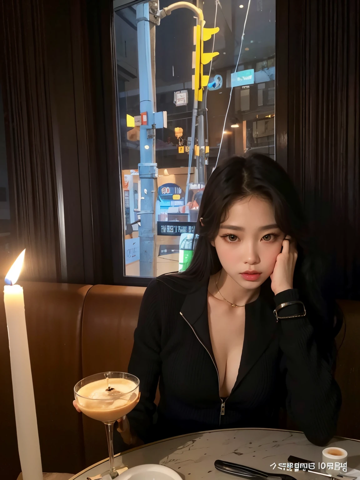there a woman sitting at a table with a candle, Blackpink Jennie, Heonhwa Choe, sitting in a cafe alone, sitting in a cafe, hermosa dama, por Emma Andijewska, Jinyoung Shin, Taejune Kim, Sentado en el bar, mysterious coffee shop girl, in a café, Imagen filtrada, Hermosa mujer surcoreana