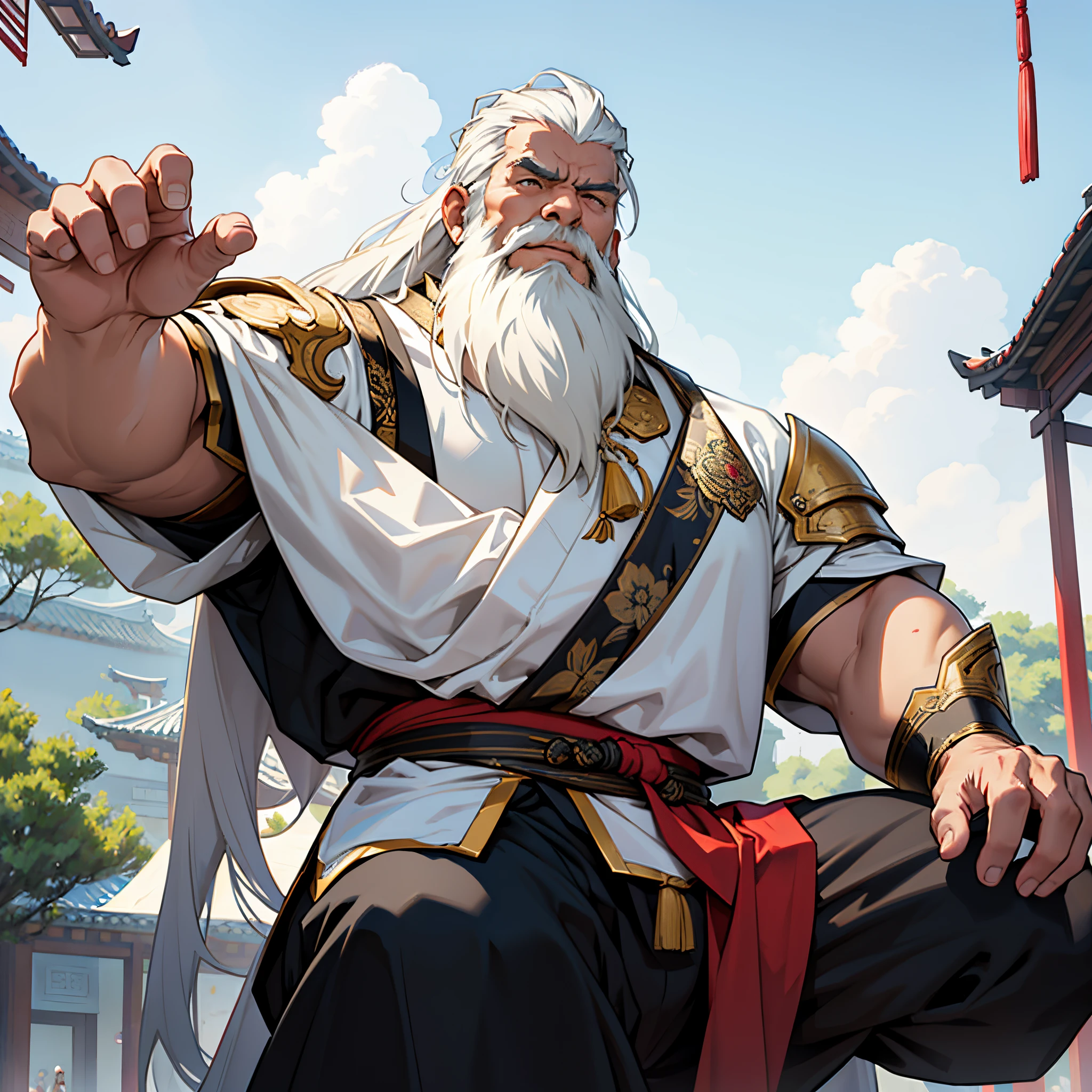 masterpiece, Best Quality, detailed, Cinematics, 4k, Background with:In front of a pavilion inside an ancient Chinese city, black&Wearing white traditional clothing and armor, A muscular old man who is an absolute martial arts expert..(very long hair and very long beard) , Cool pose