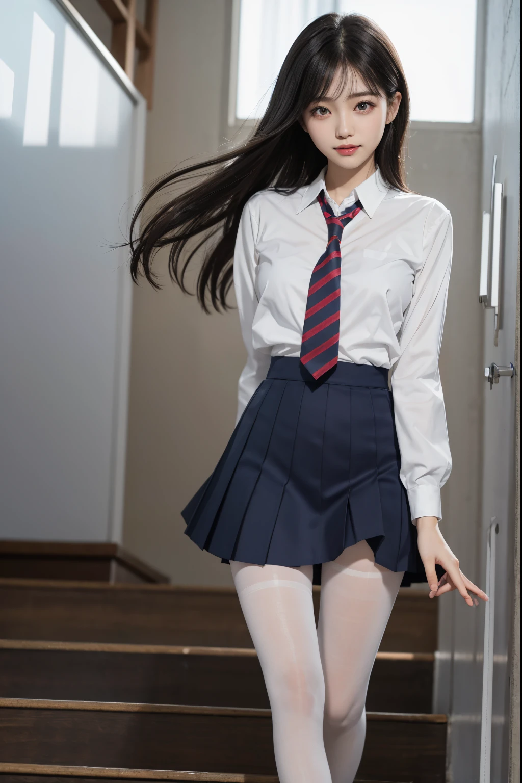 Korean school uniform、summer school uniform shirt、tight shirt、ribbon tie、Skirt by the、schools、school stairs、Emphasize your chest with both arms、Slender big、8K RAW photo、Hight Resolution、age:18 、Japanese people、Eyes of Wound、very large, Round chest eyes are detailed and detailed.......、Long eyelashes and beautiful double eyelids、eyeshadows、Eyeline、slender eyes、elongated eye shape、sanpaku eyes, beautiful, Thin leg, beautiful, thin thigh、Random Shorthair、Tie your hair behind your head、eardrop、Light-brown hair、(Wearing pantyhose)、The thighs are erotic、Sorrisos、The mouth opens slightly