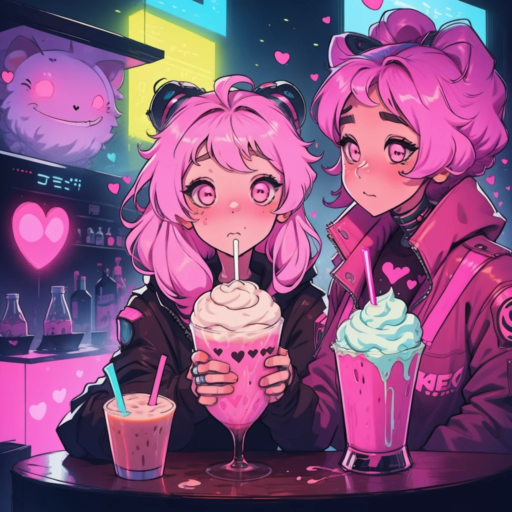 Girl kawai manga , cyberpunk pink , cute, fone de ouvido, milkshake detalhe, Neon hearts