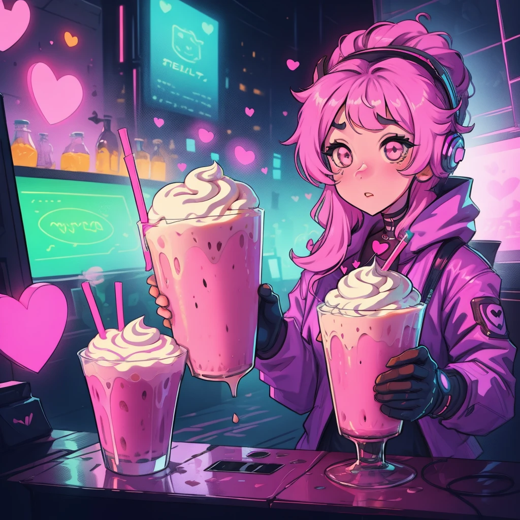 Girl kawai manga , cyberpunk pink , cute, fone de ouvido, milkshake detalhe, Neon hearts