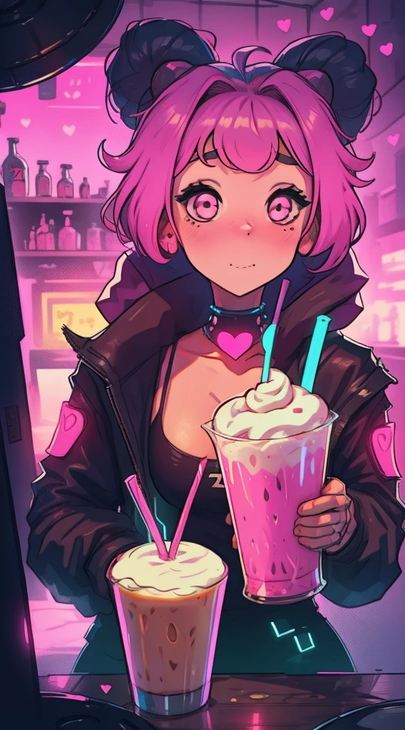 Girl kawai manga , cyberpunk pink , cute, fone de ouvido, milkshake detalhe, Neon hearts